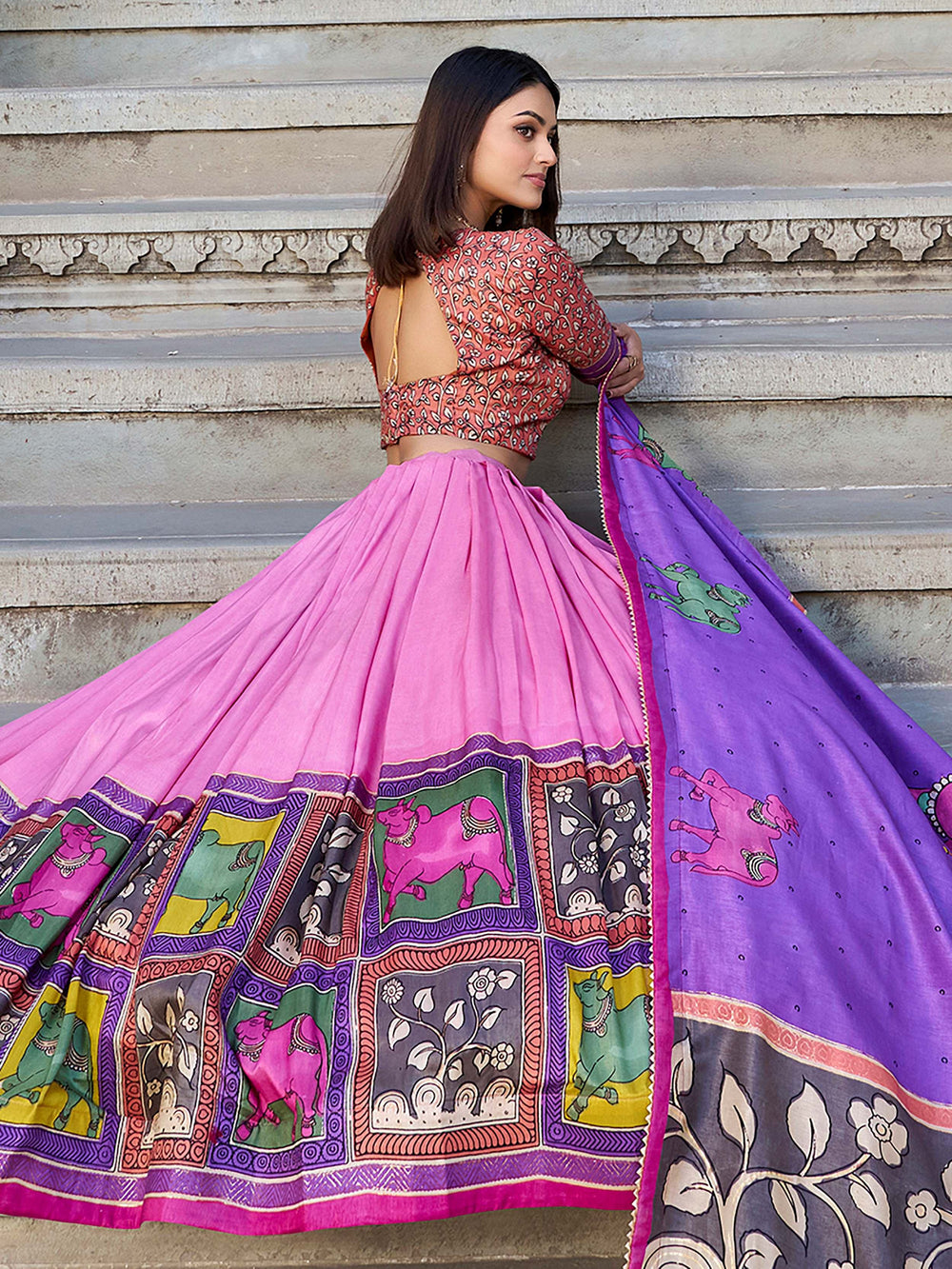 Pink Tussar Silk Foil Work Lehenga Choli With Dupatta