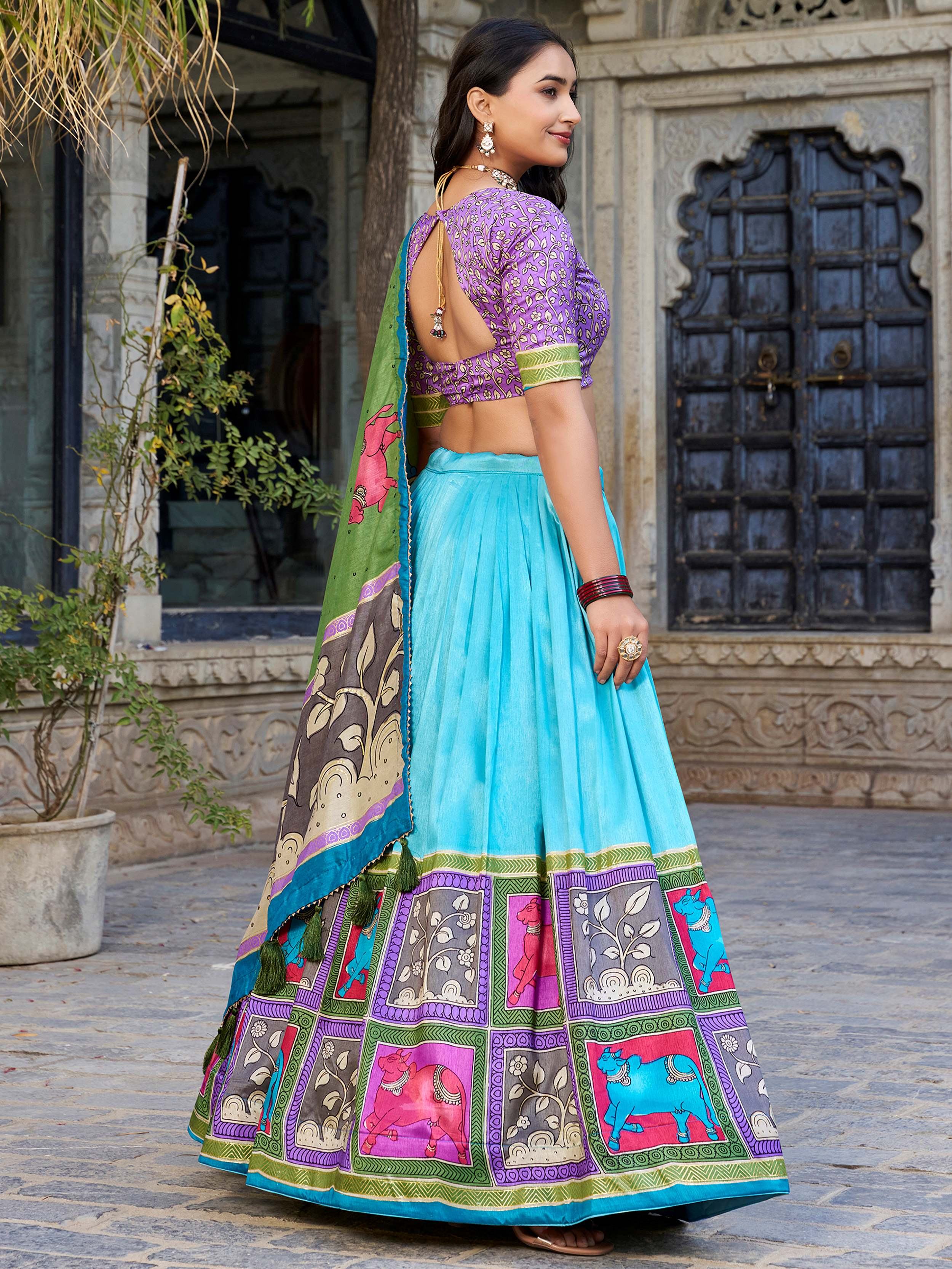 Sea Green Tussar Silk Kalamkari Printed Lehenga Choli for Women