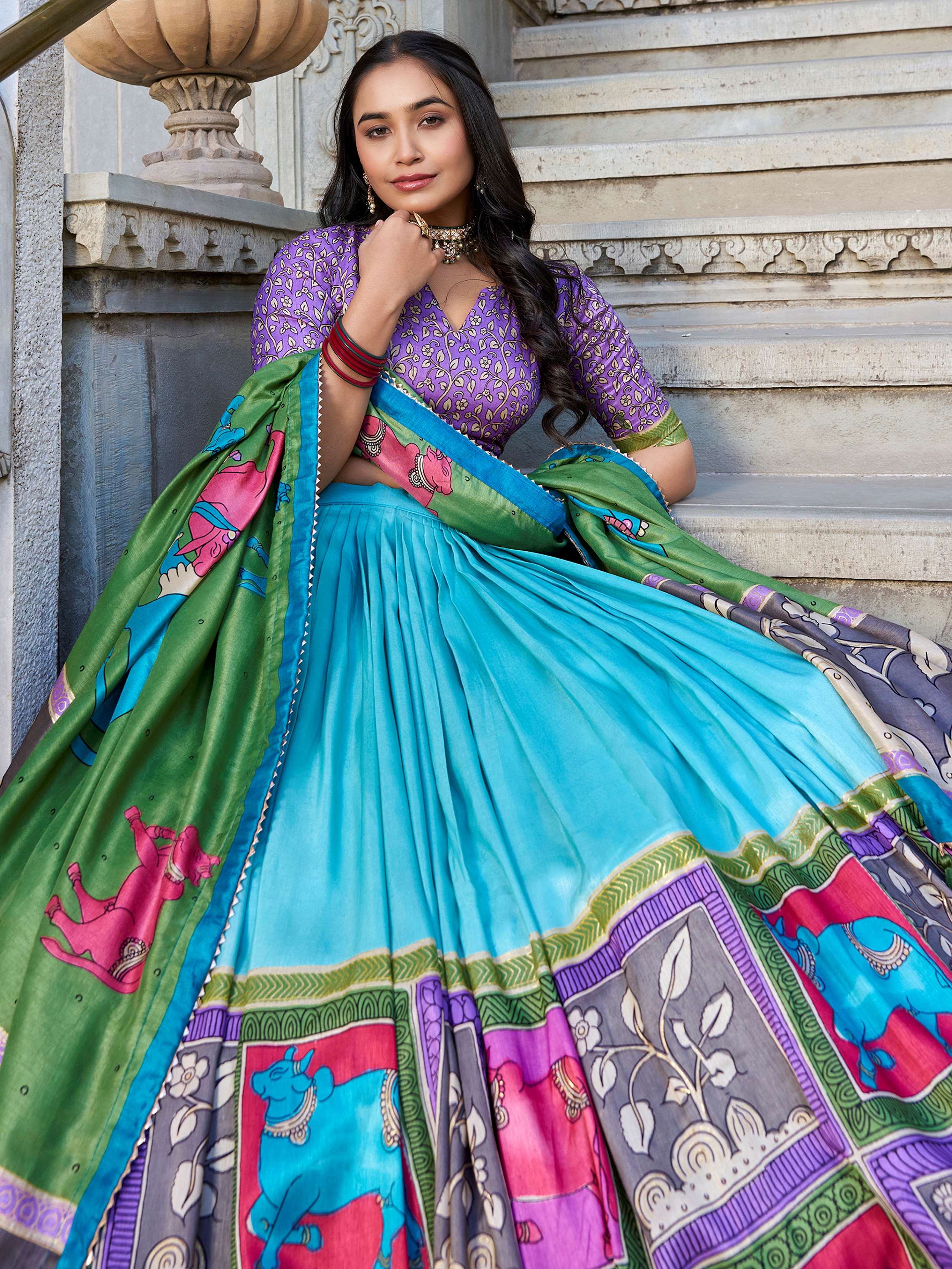 Sea Green Tussar Silk Kalamkari Printed Lehenga Choli for Women