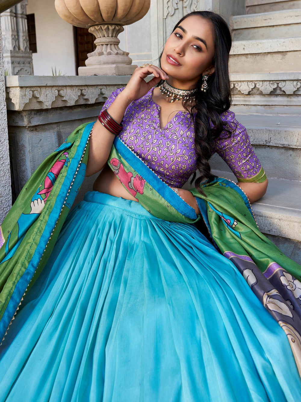 Sea Green Tussar Silk Kalamkari Printed Lehenga Choli for Women