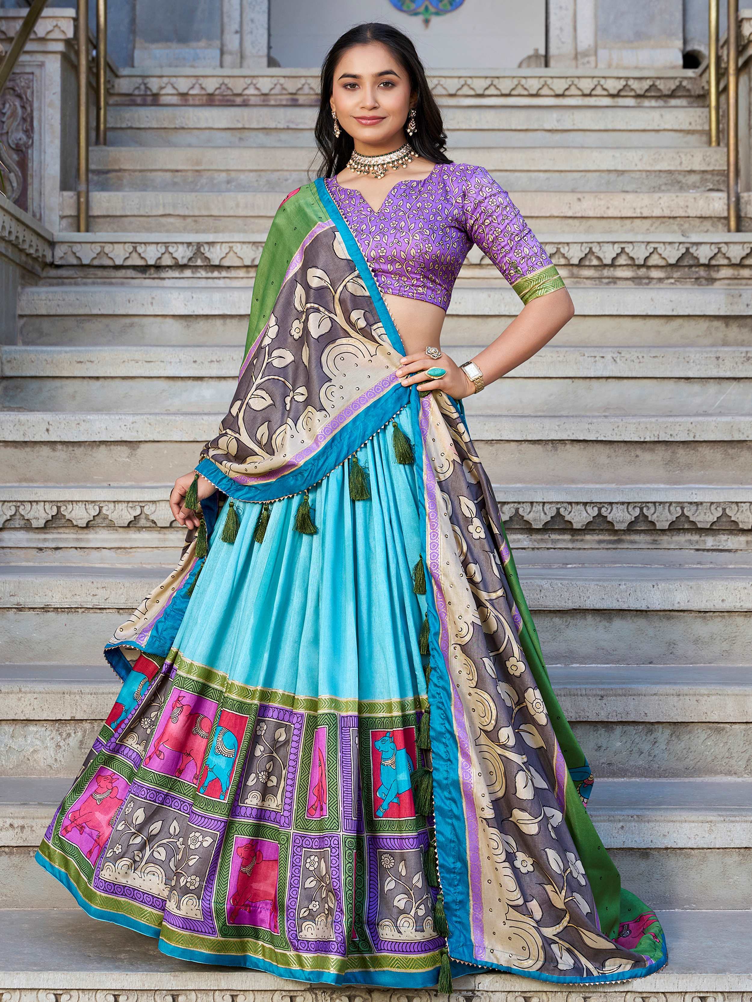 Sea Green Tussar Silk Kalamkari Printed Lehenga Choli for Women