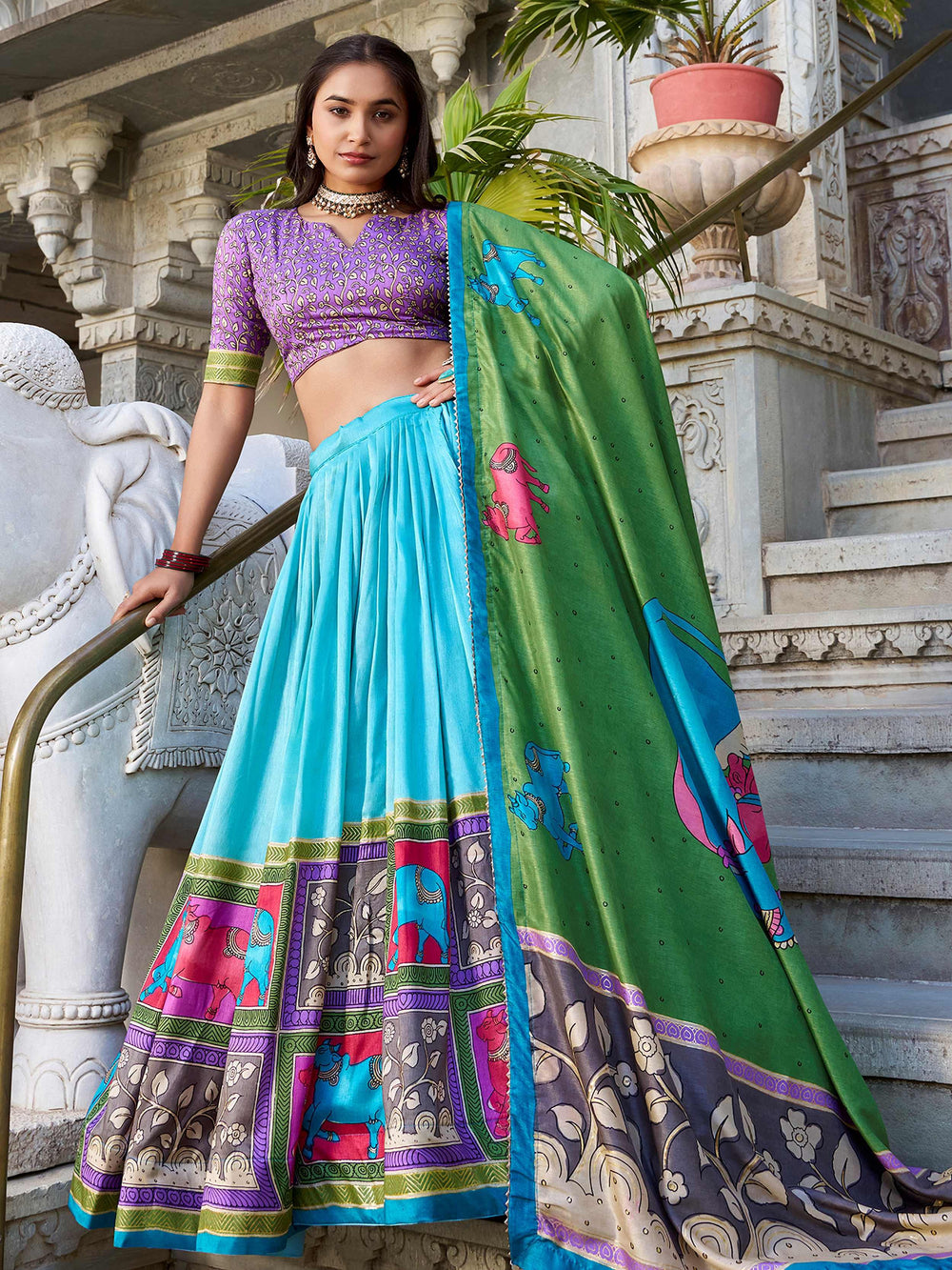 Sea Green Tussar Silk Kalamkari Printed Lehenga Choli for Women