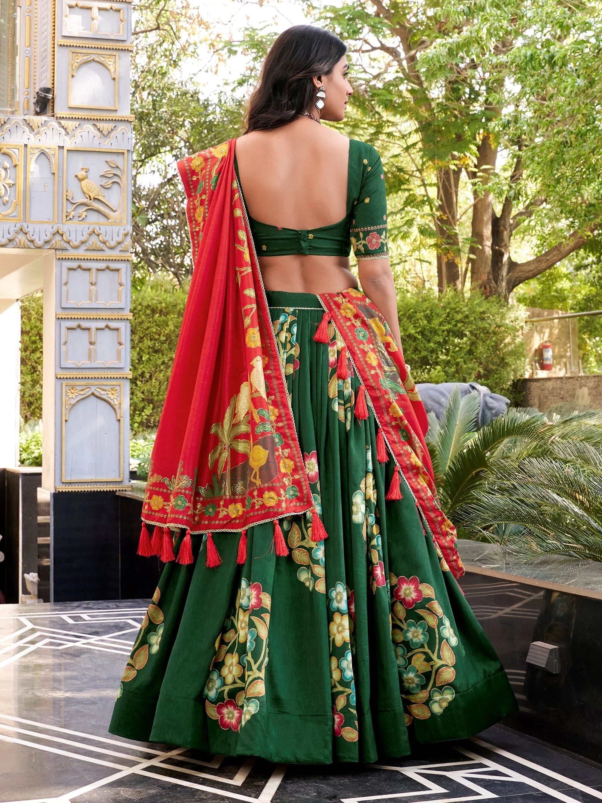 Green Silk Floral Printed Bridesmaid Lehenga Choli for Women