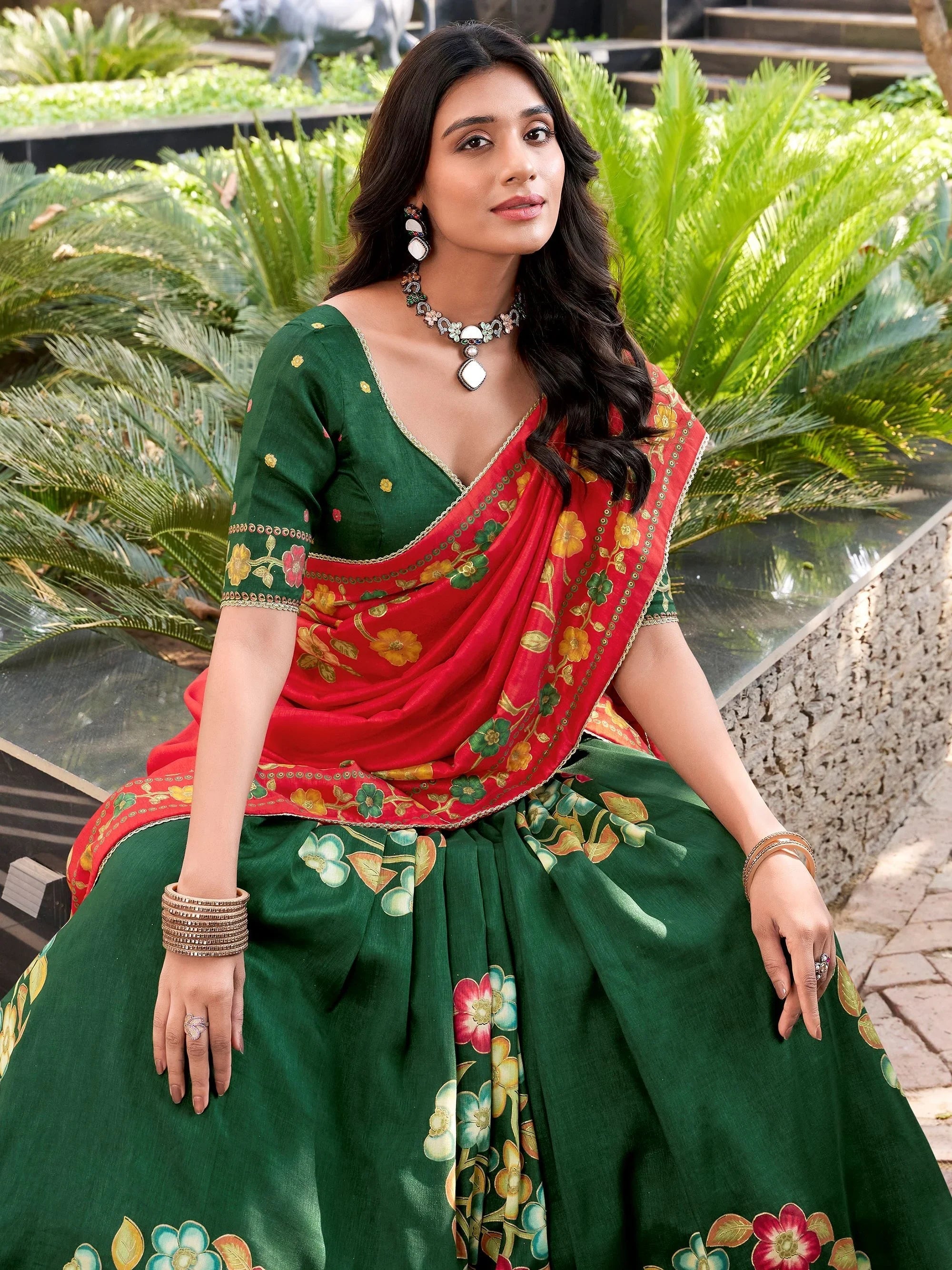 Green Silk Floral Printed Bridesmaid Lehenga Choli for Women