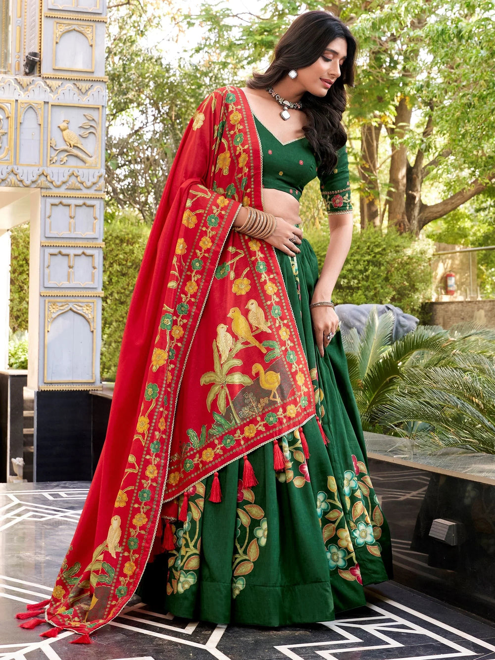 Green Silk Floral Printed Bridesmaid Lehenga Choli for Women