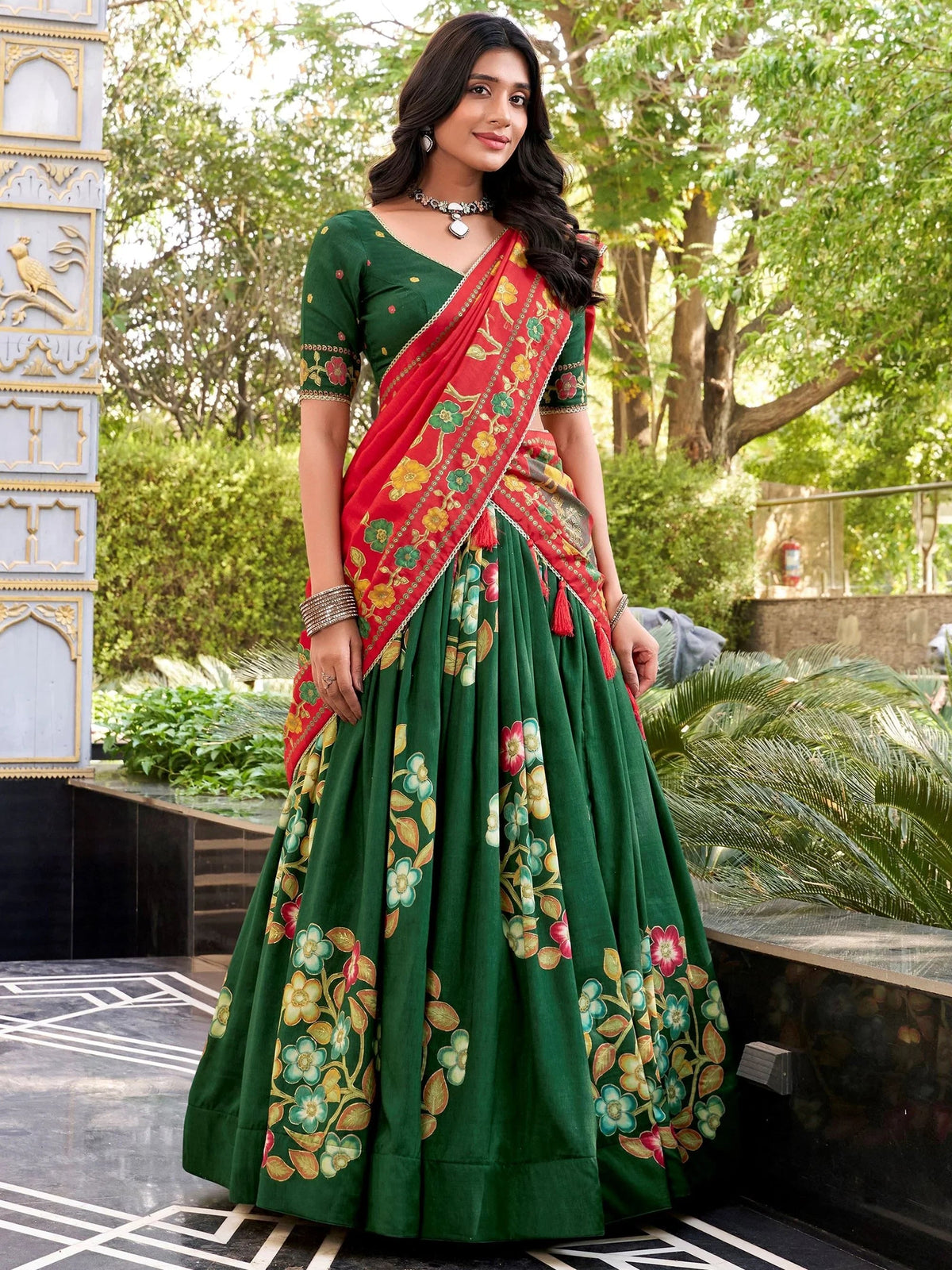 Green Silk Floral Printed Bridesmaid Lehenga Choli for Women