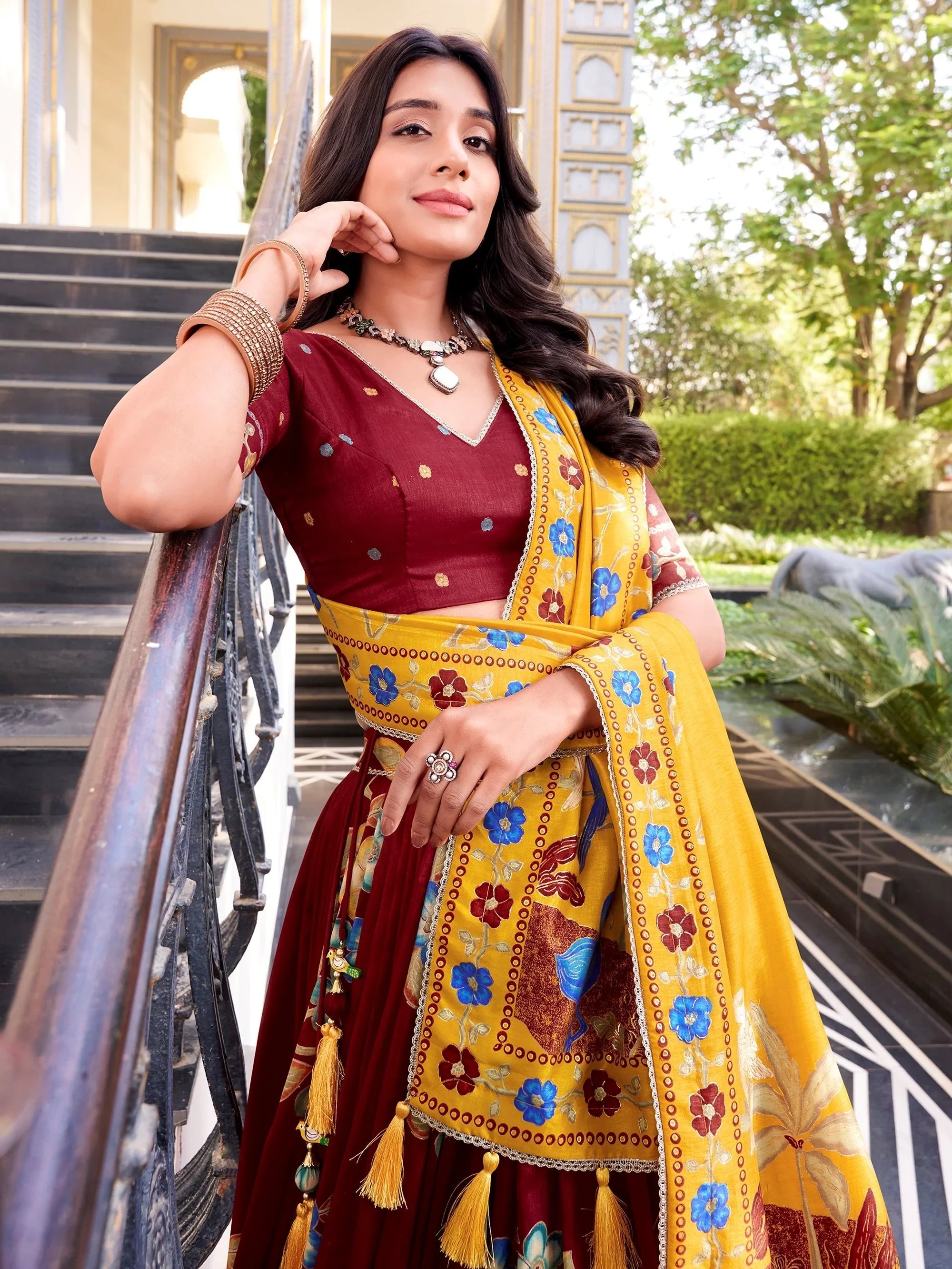 Maroon Silk Floral Printed Wedding Wear Lehenga Choli for Women