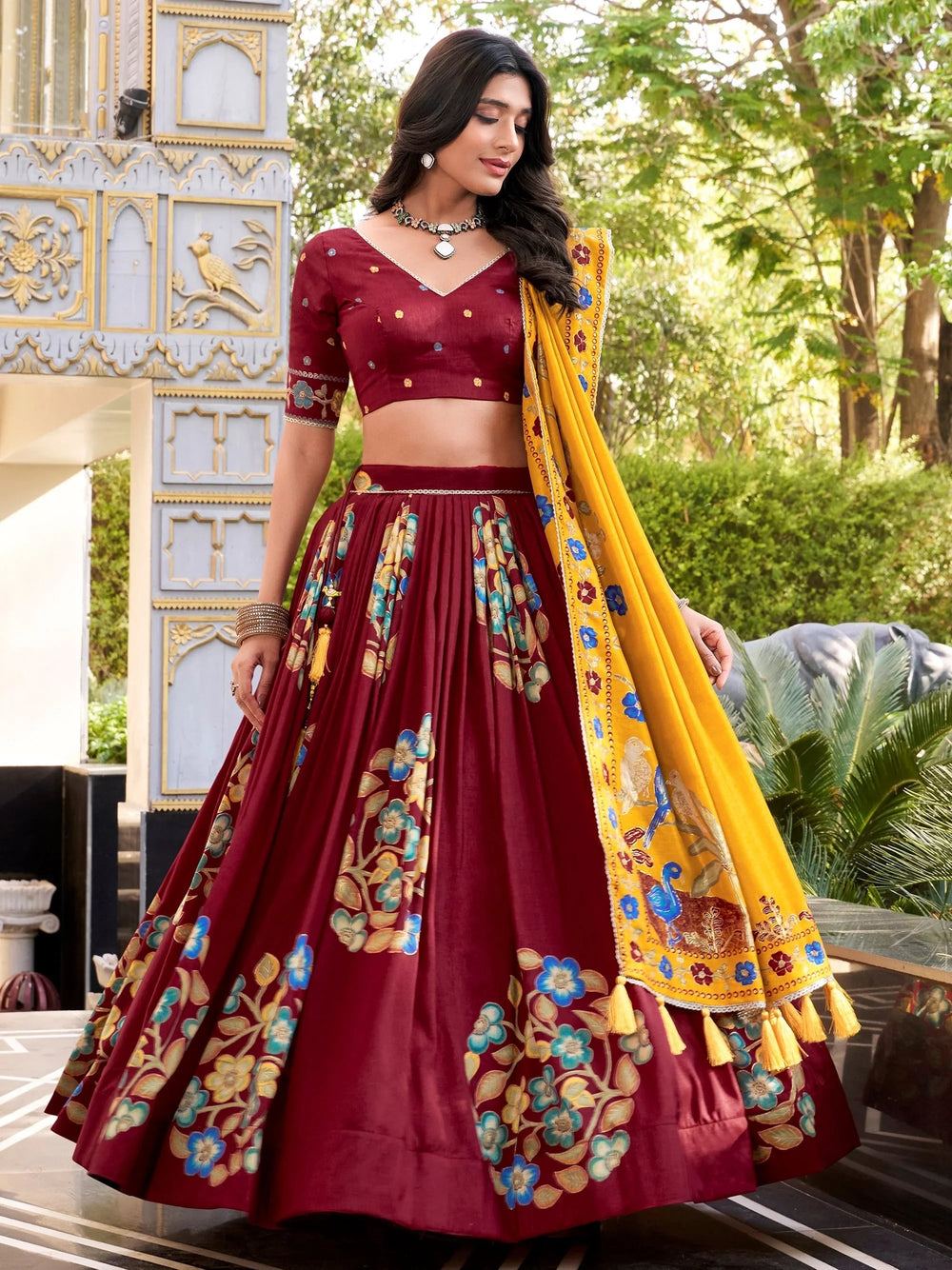 Maroon Silk Floral Printed Wedding Wear Lehenga Choli for Women