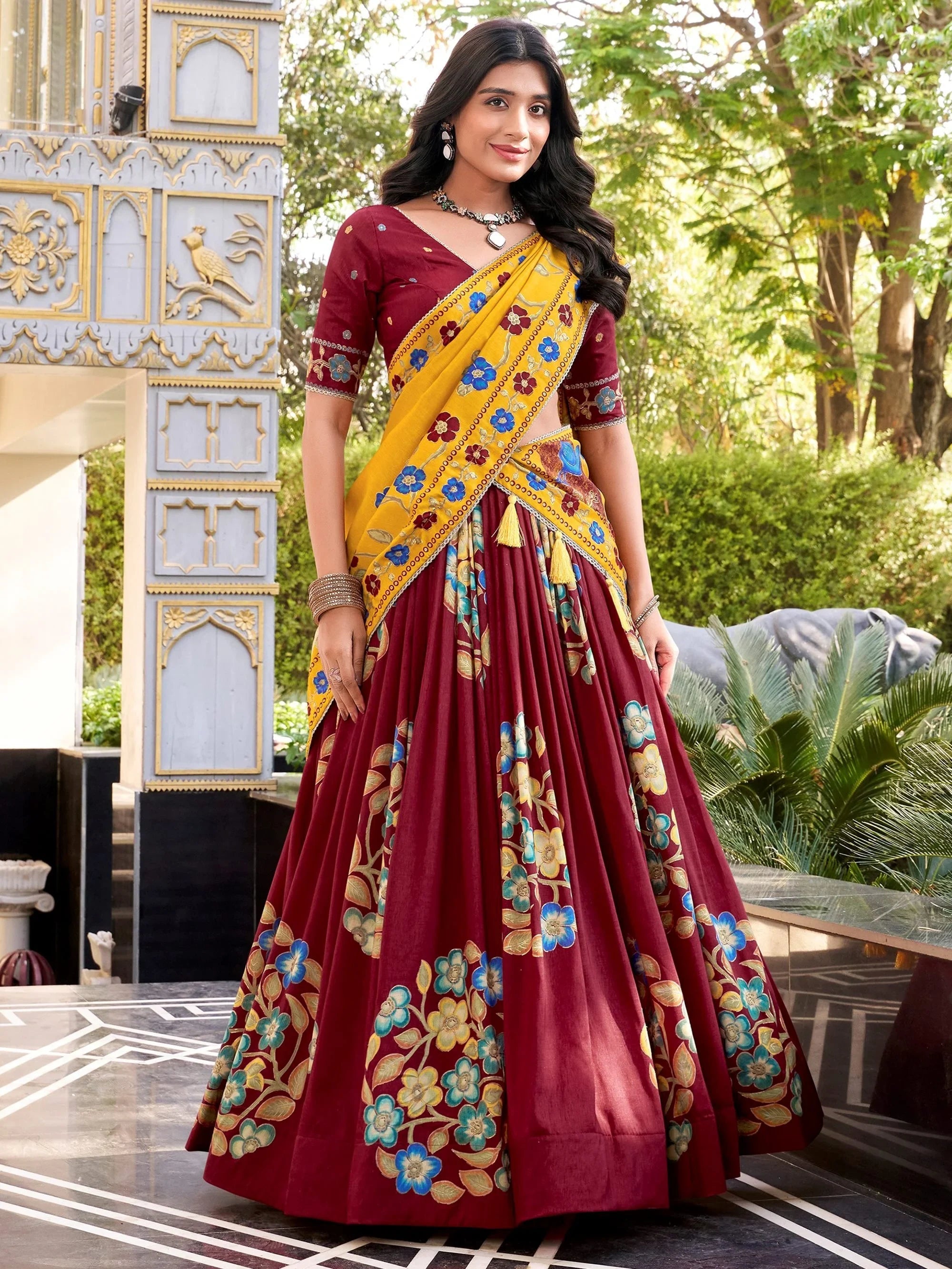 Maroon Silk Floral Printed Wedding Wear Lehenga Choli for Women