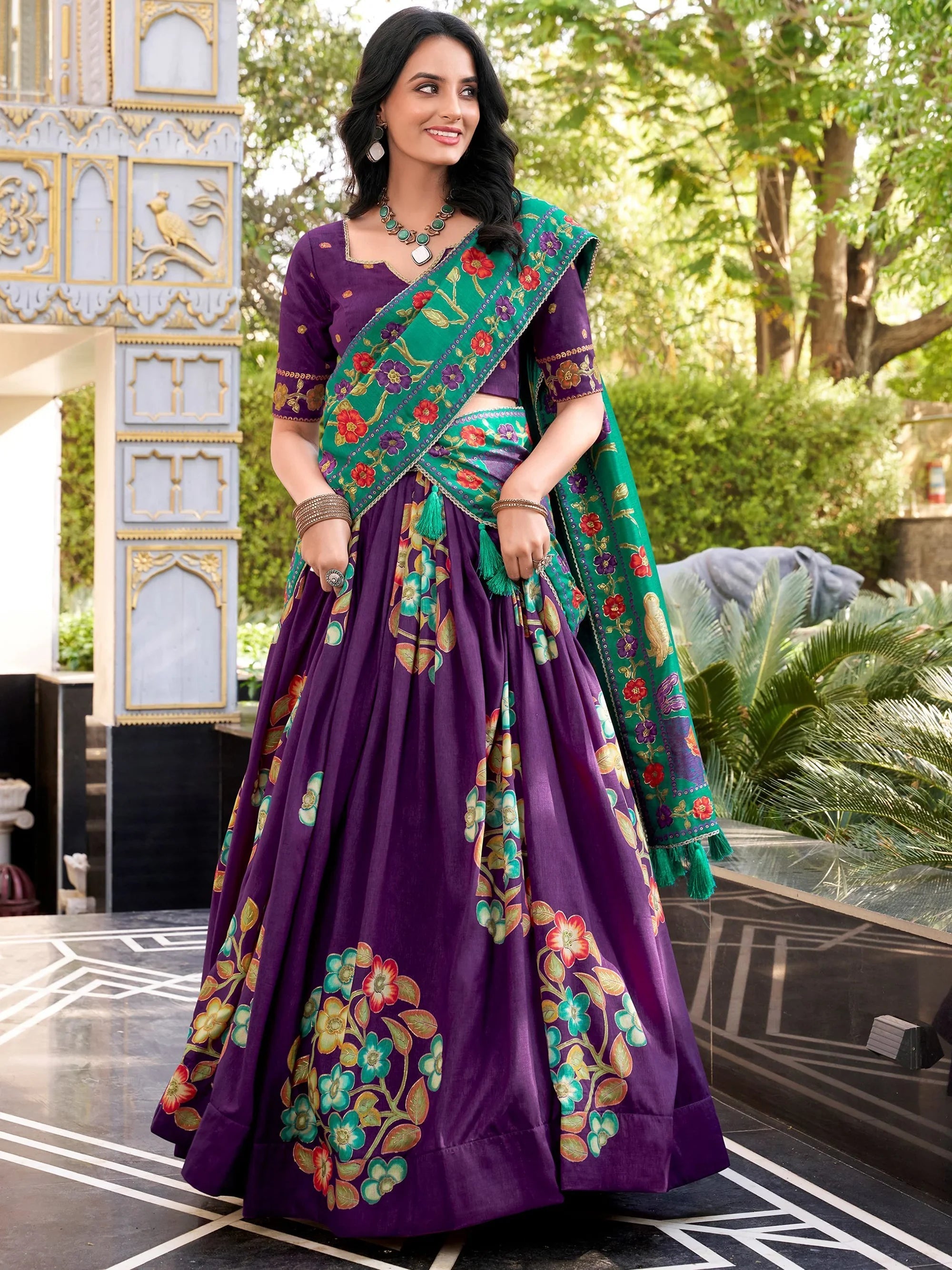 Purple Silk Floral Printed Festival Wear Lehenga Choli for Women