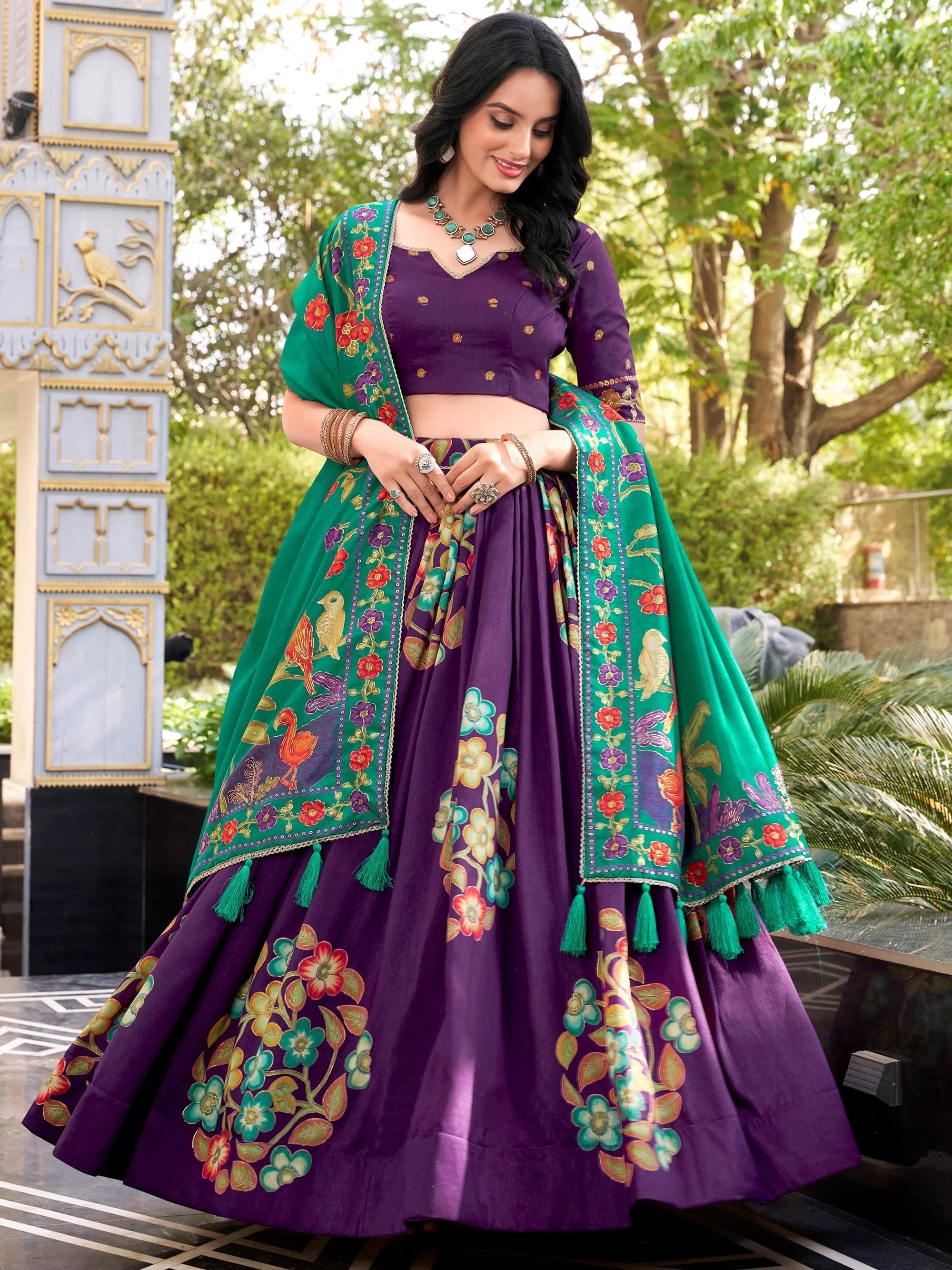 Purple Silk Floral Printed Festival Wear Lehenga Choli for Women