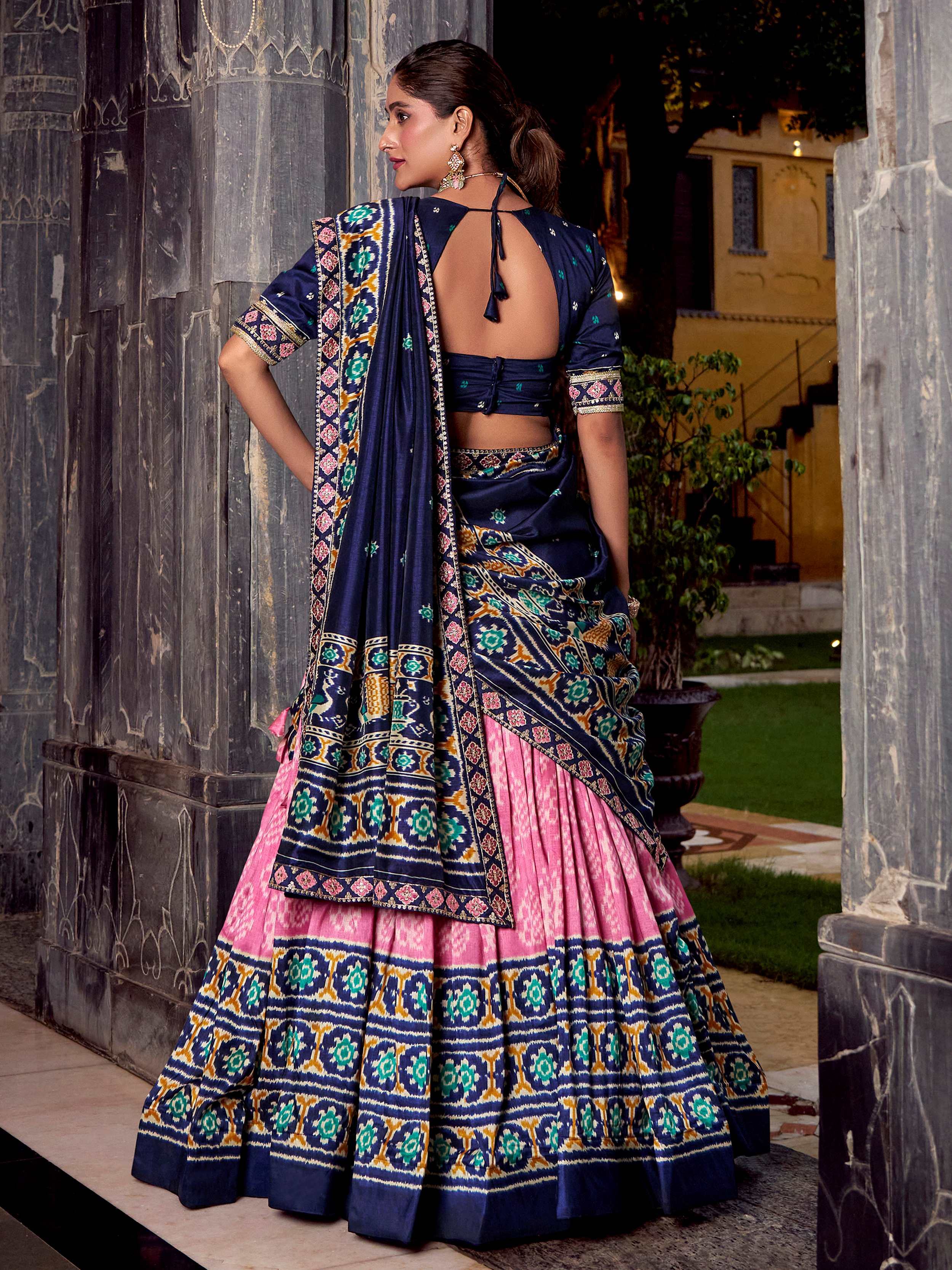 Light Pink Silk Ikkat Printed Lehenga Choli With Dupatta