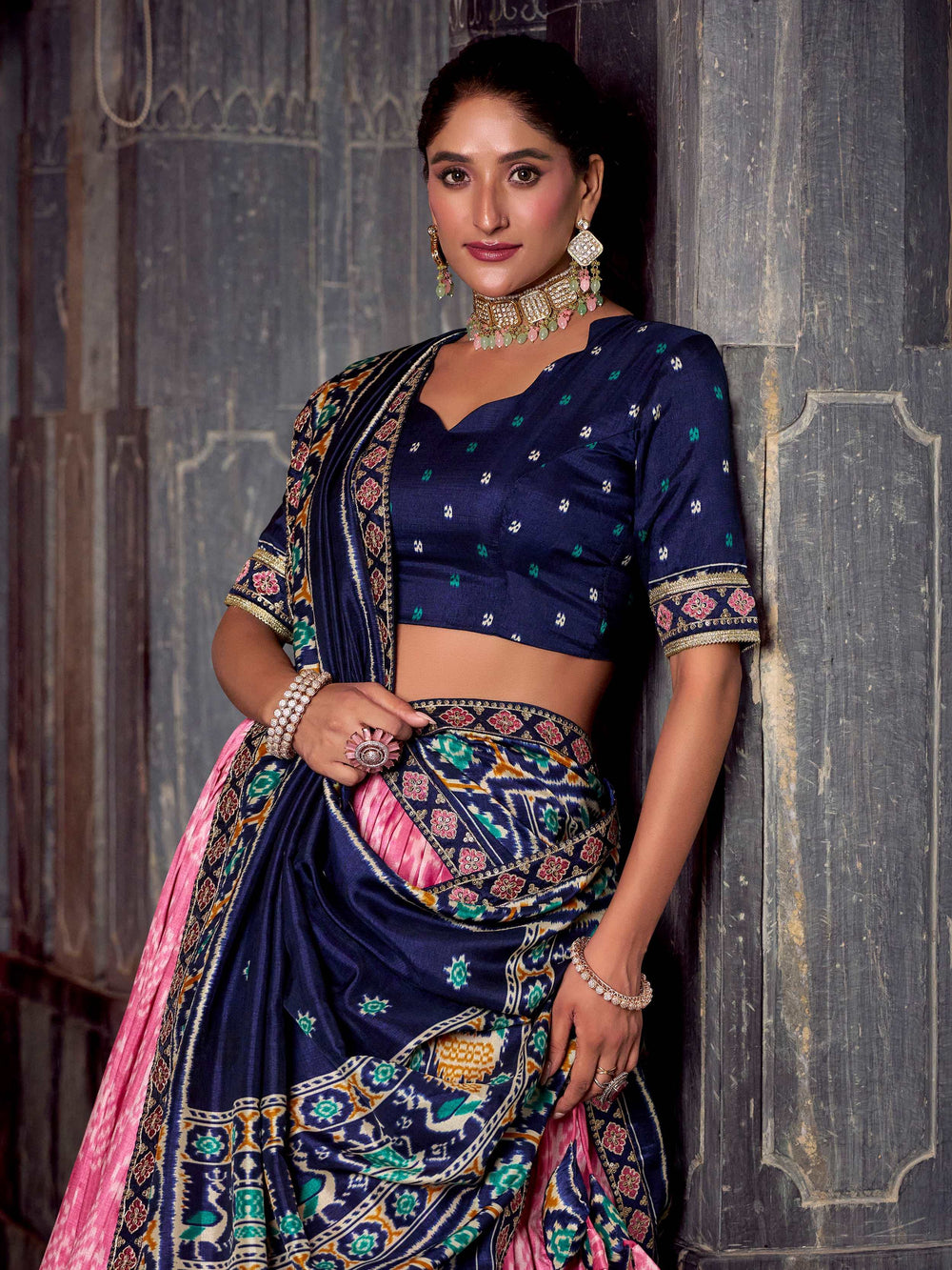 Light Pink Silk Ikkat Printed Lehenga Choli With Dupatta
