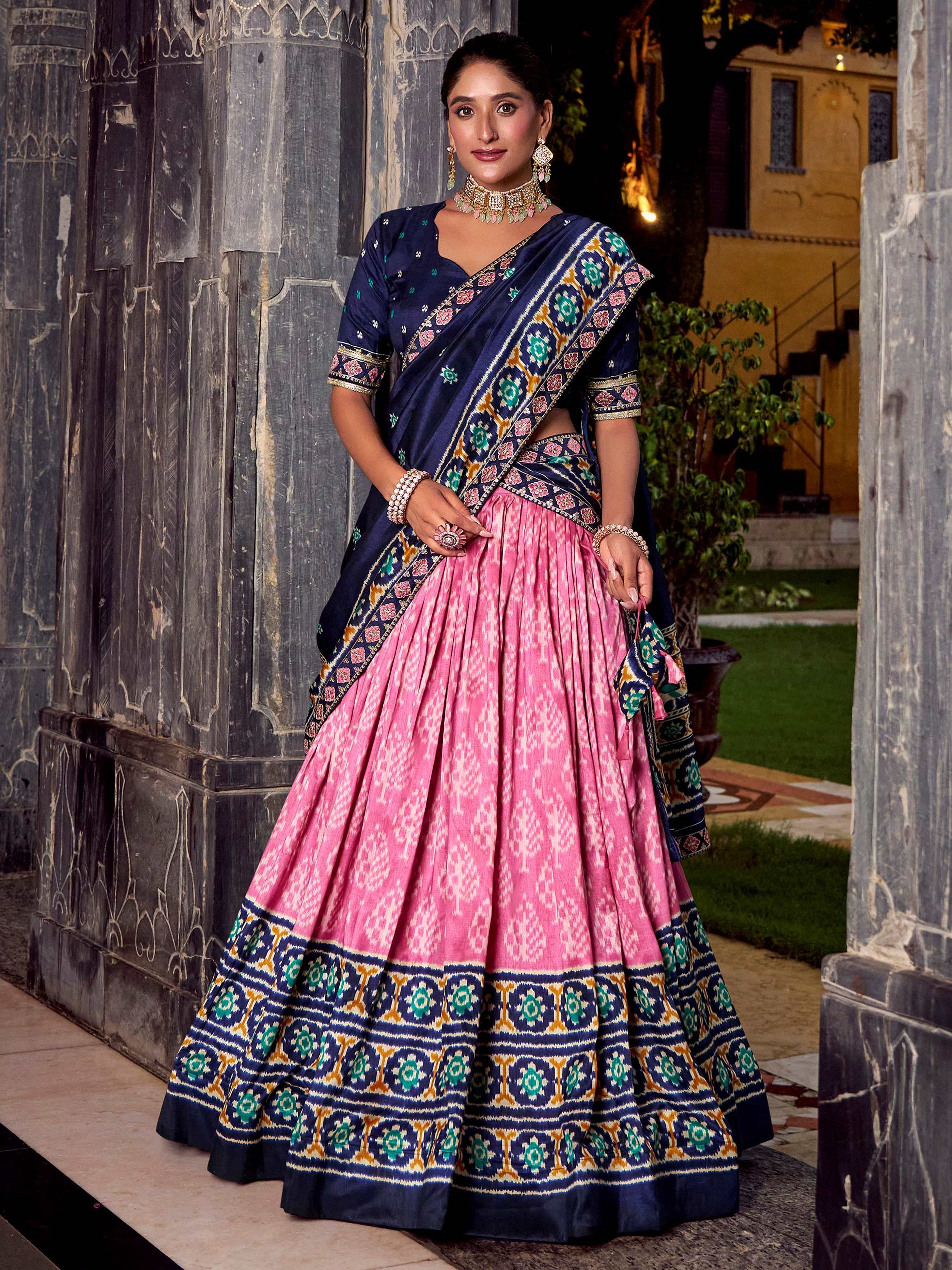 Light Pink Silk Ikkat Printed Lehenga Choli With Dupatta