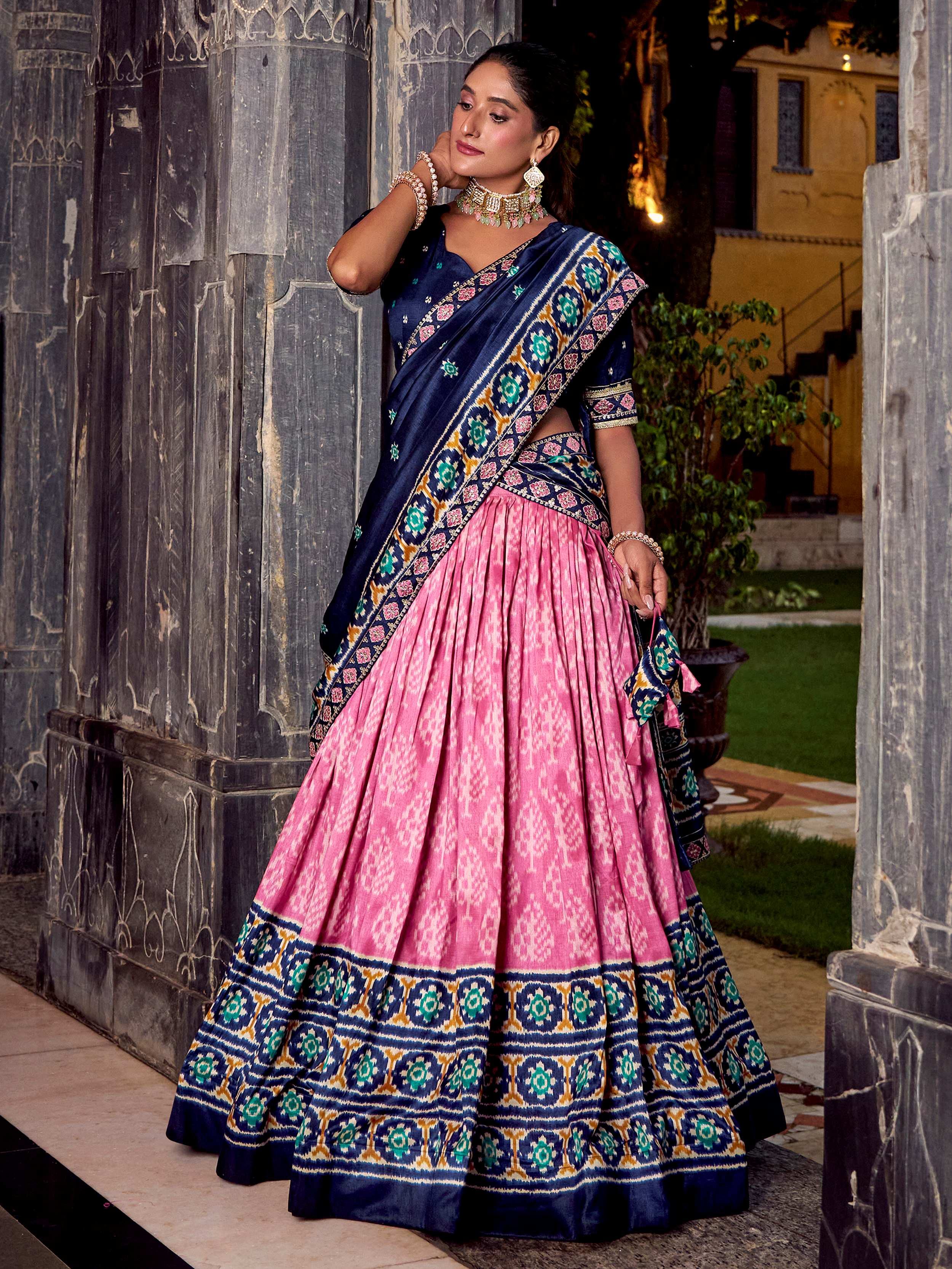 Light Pink Silk Ikkat Printed Lehenga Choli With Dupatta
