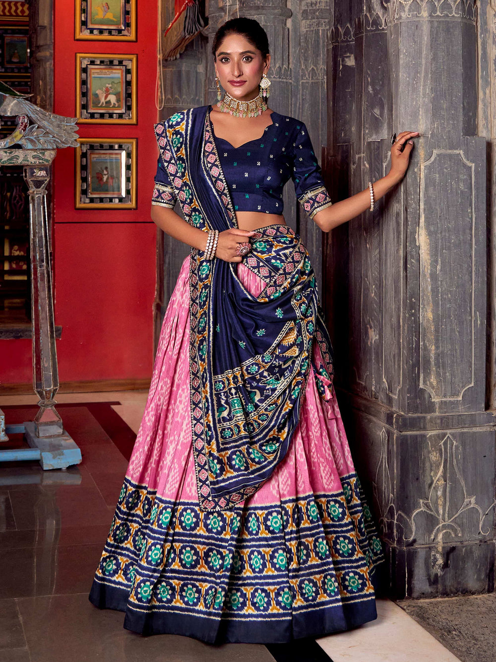 Light Pink Silk Ikkat Printed Lehenga Choli With Dupatta