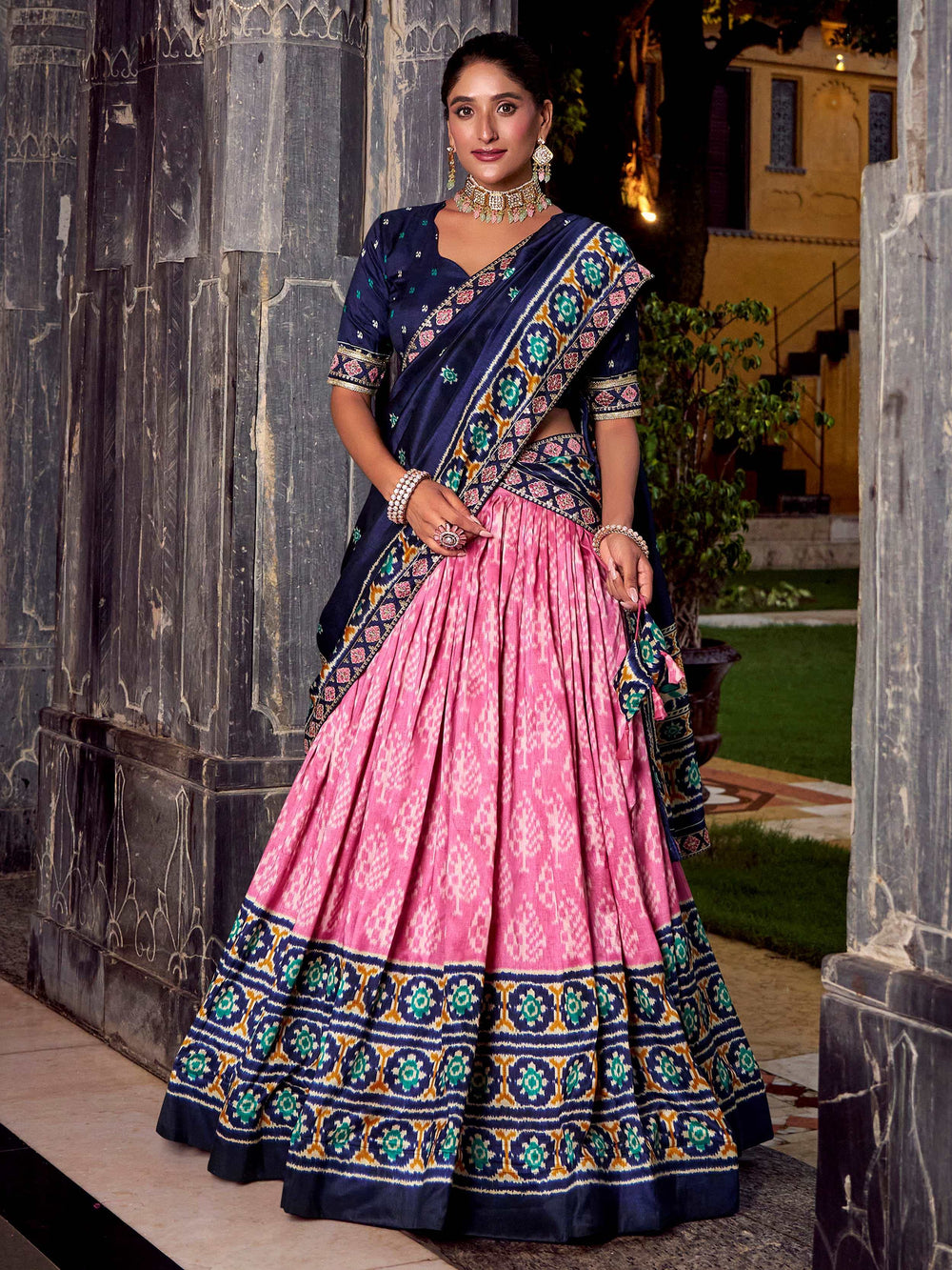Light Pink Silk Ikkat Printed Lehenga Choli With Dupatta