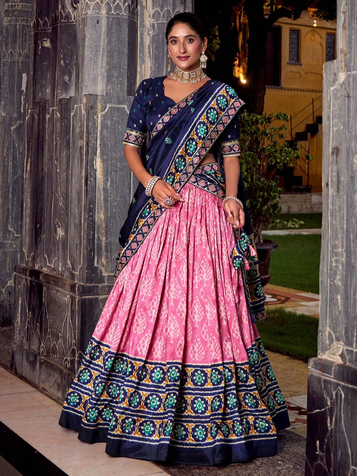 Light Pink Silk Ikkat Printed Lehenga Choli With Dupatta