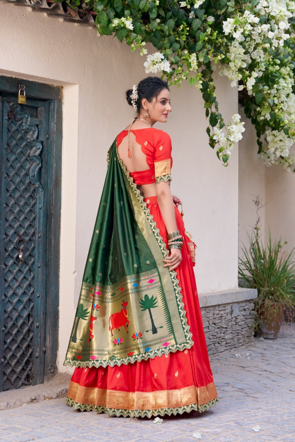 Red Traditional Paithani Jacquard Sik Lehenga Set For Wedding
