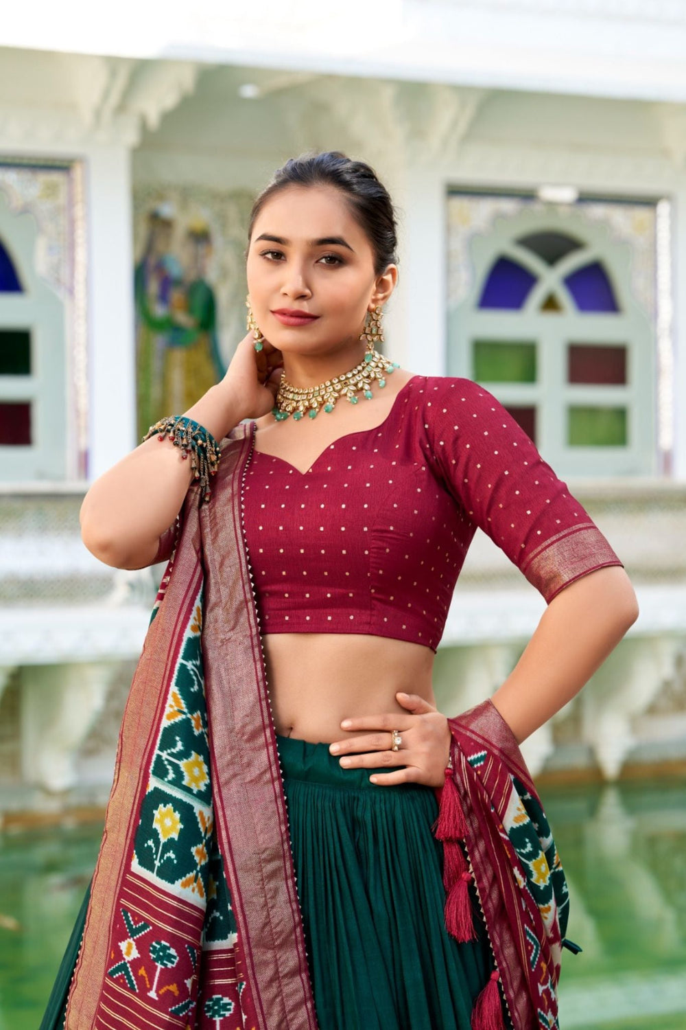 Green Tussar Silk Patola Printed With Foil Work Lehenga Choli