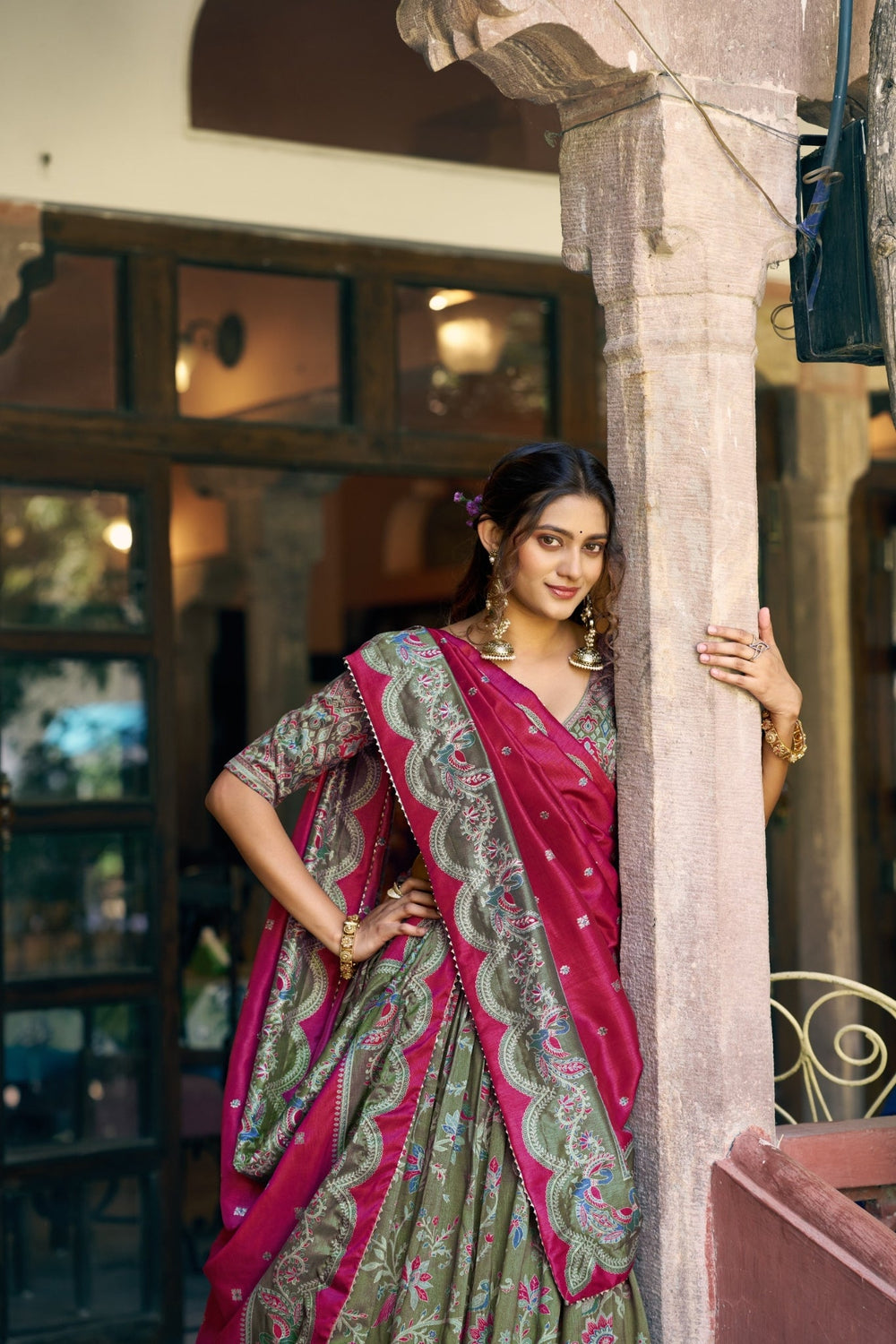 Attractive Tassar Silk Printed Lehenga Choli Set - Zimonza