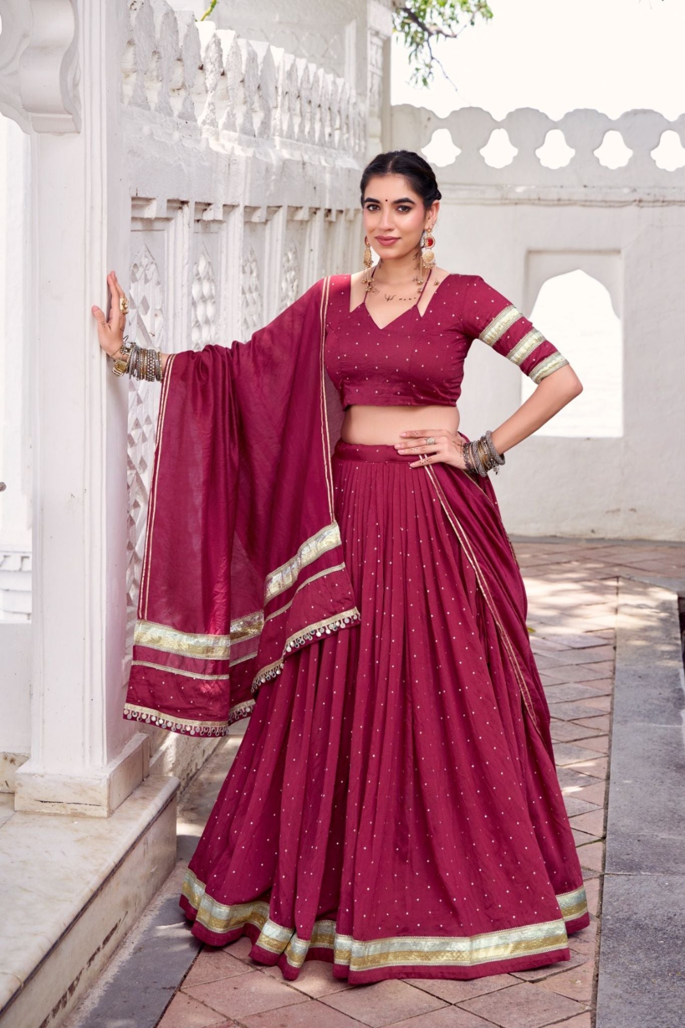 Maroon Pure Chanderi Zari Weaving Lehenga Choli Set For Festive And Wedding Special