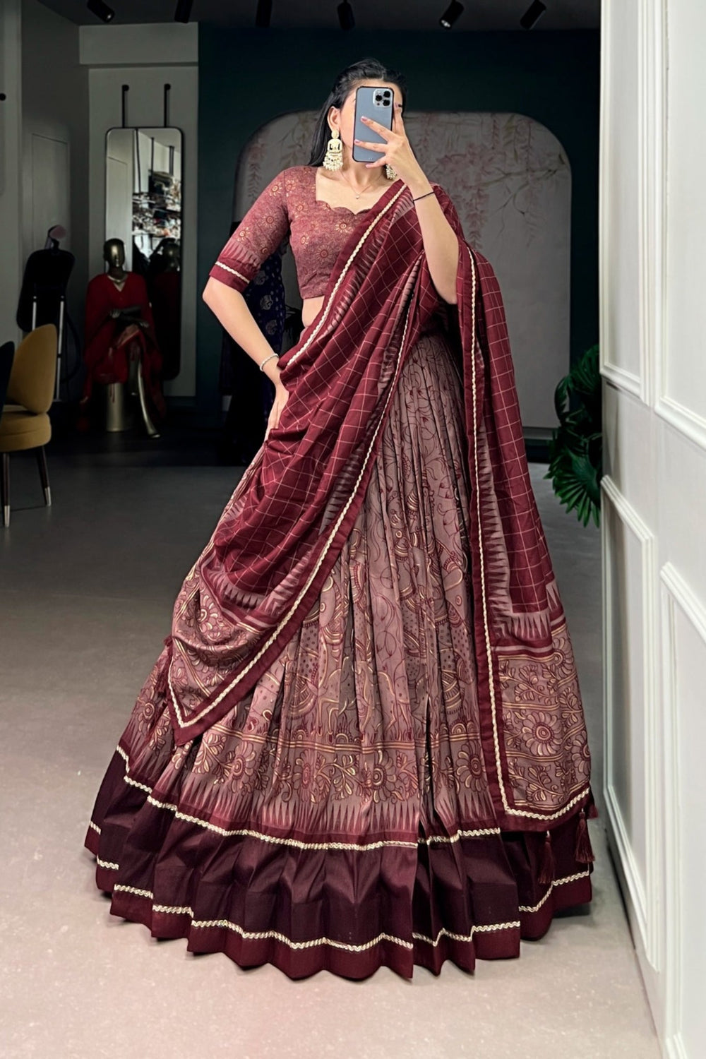 Maroon Festive Kalamkari Printed Tasar Silk Lehenga Choli With Dupatta
