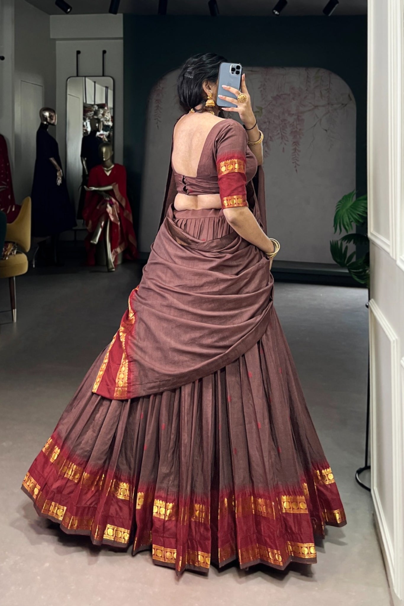 Cream Pure Chanderi Zari Weaving Work South Indian Lehenga Choli
