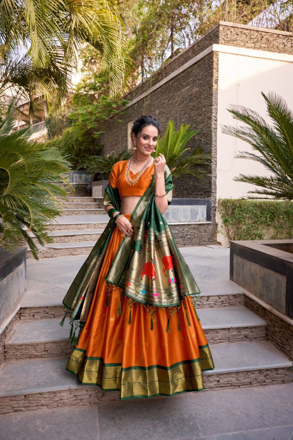 Orange Paithani Jacquard Silk Lehenga Set with Zari Weaving Work