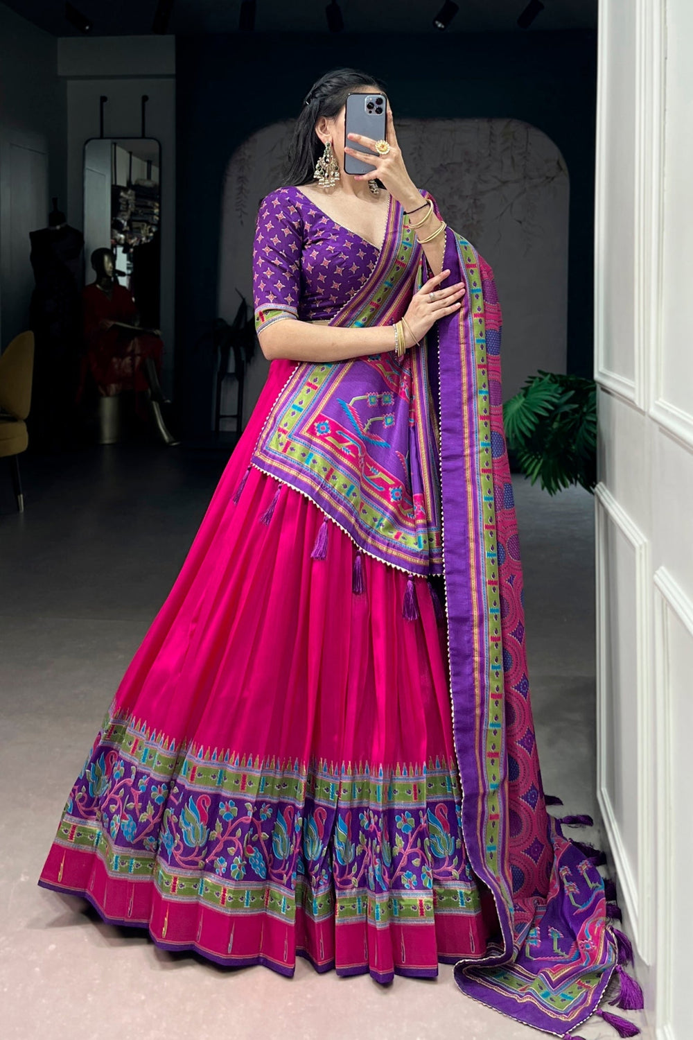 Pink Printed Tasar Silk Festive Lehenga Choli for Women