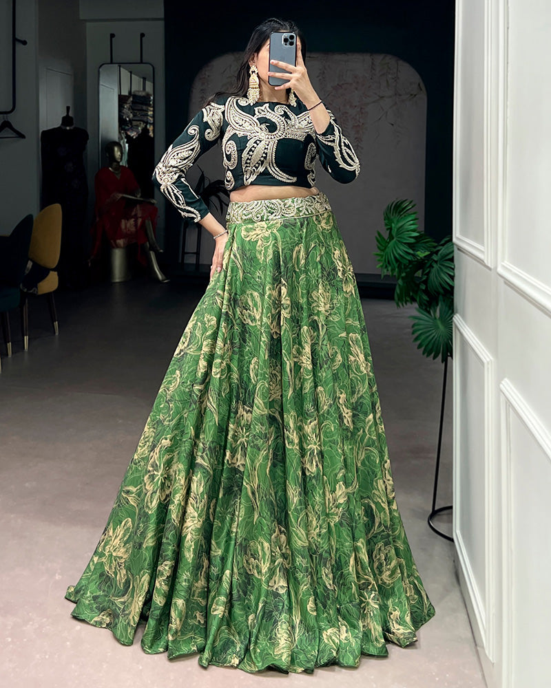 Green Eye Catching Tussar Silk Printed Embroidered Lehenga Choli for Women