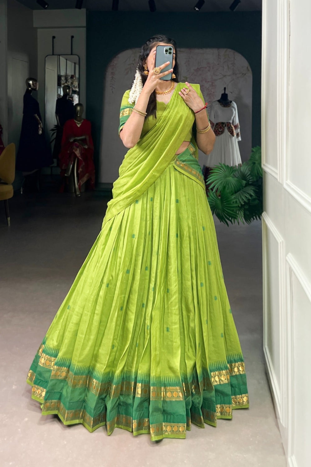 Navy Blue Pure Chanderi Zari Weaving Work South Indian Lehenga Choli