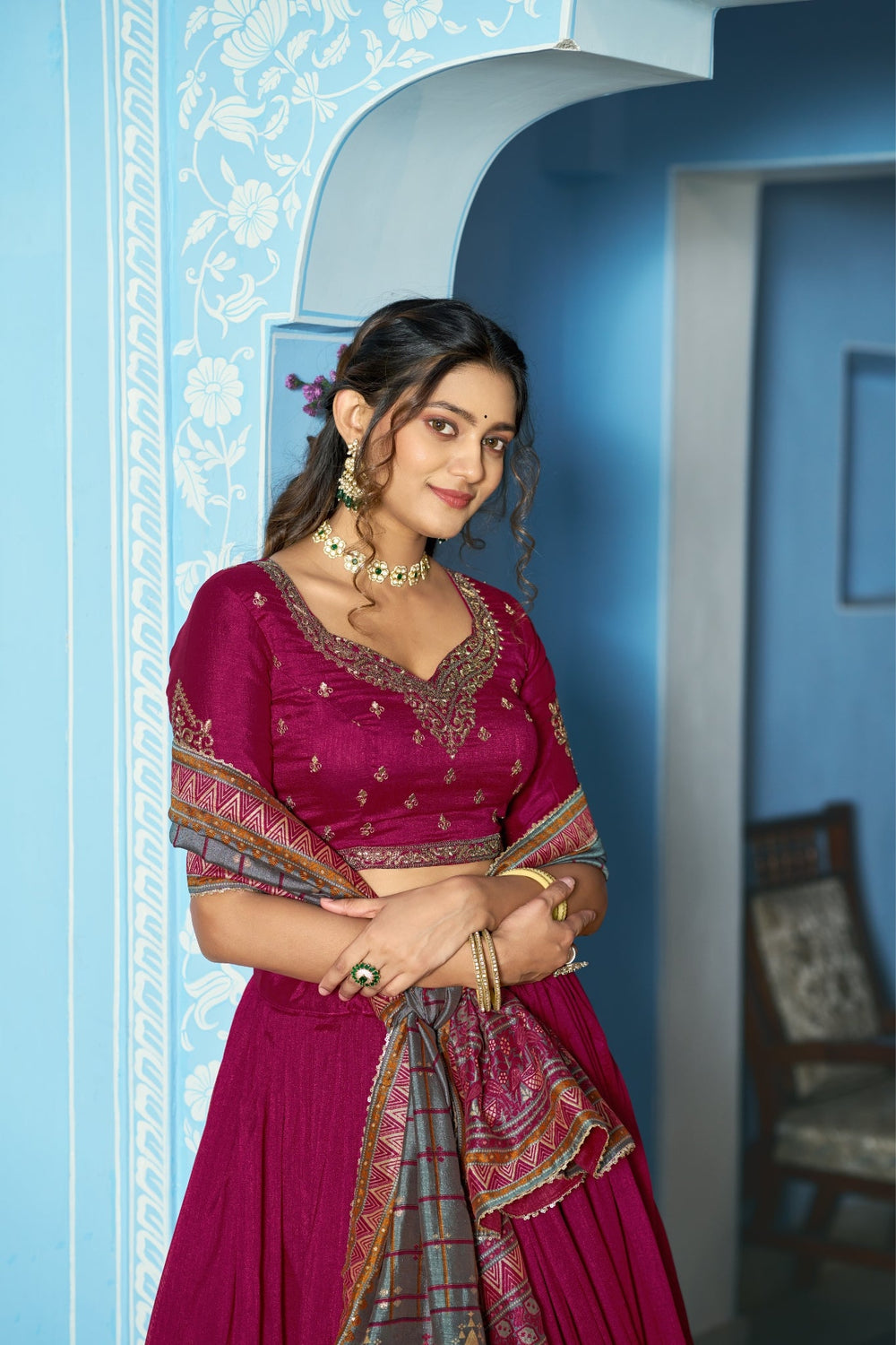 Stunning Vichitra Silk Embroidery Sequins Worked Lehenga Choli Set - Zimonza