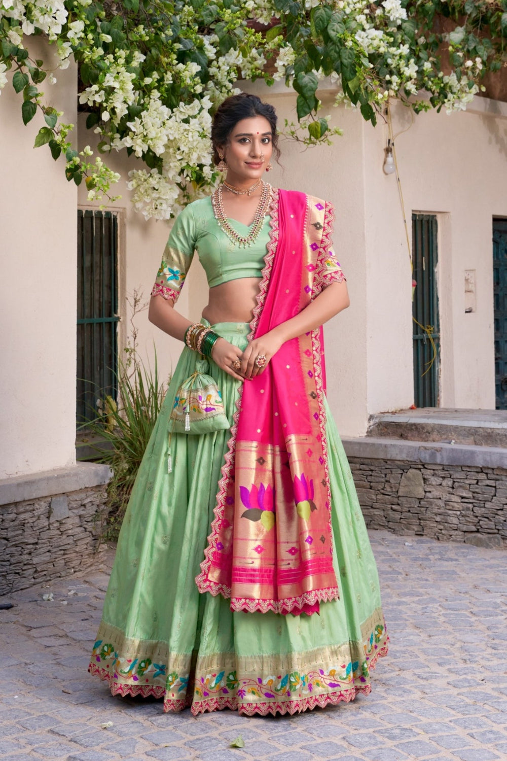Pista Traditional Paithani Jacquard Sik Lehenga Set For Wedding