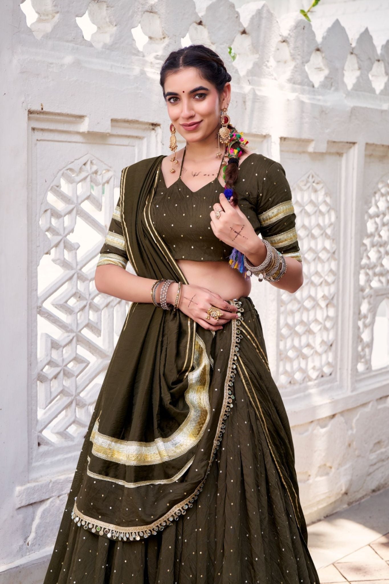 Mehndi Pure Chanderi Zari Weaving Lehenga Choli Set For Festive And Wedding Special