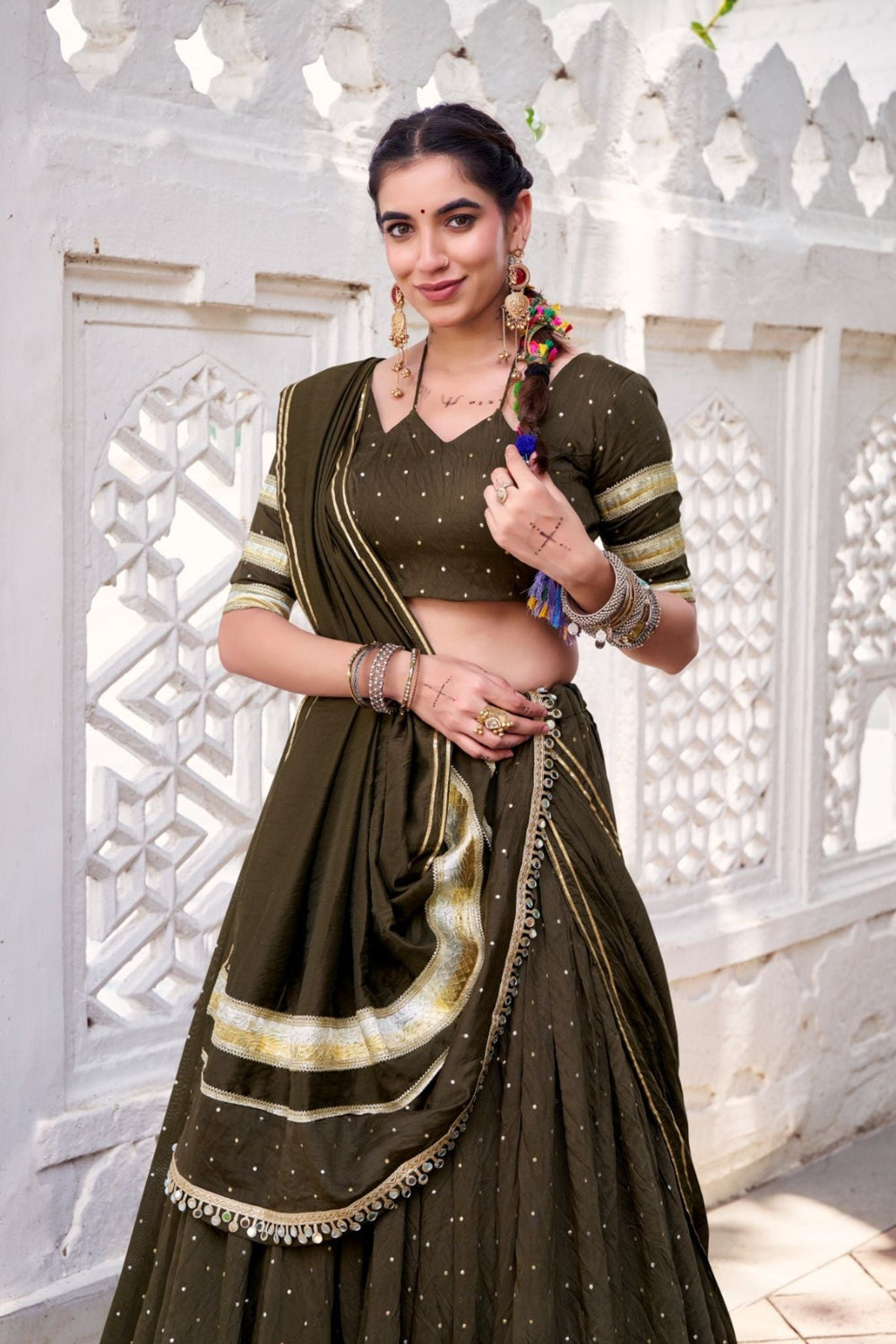 Mehndi Pure Chanderi Zari Weaving Lehenga Choli Set For Festive And Wedding Special