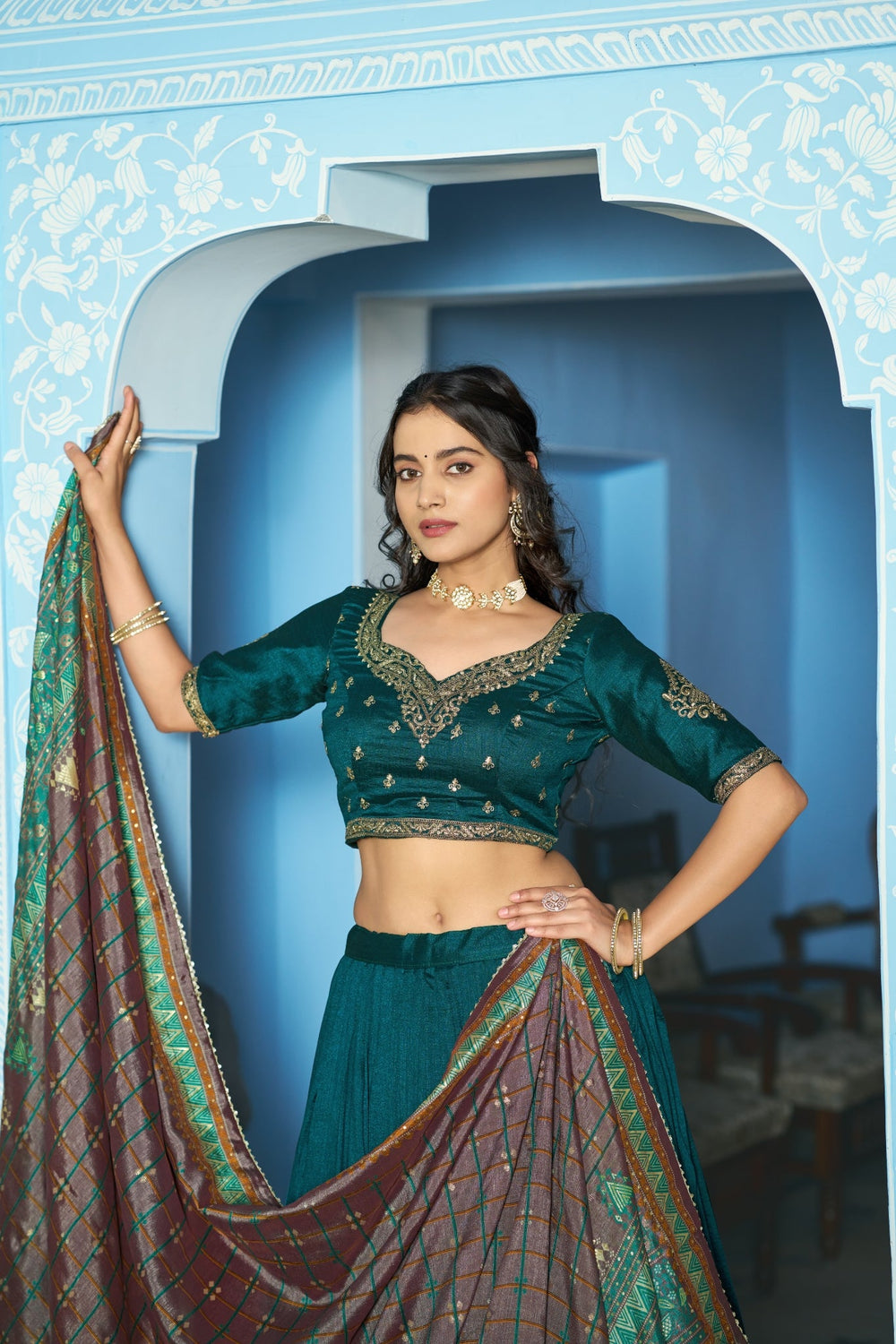 Stunning Vichitra Silk Embroidery Sequins Worked Lehenga Choli Set - Zimonza