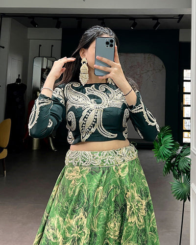 Green Eye Catching Tussar Silk Printed Embroidered Lehenga Choli for Women