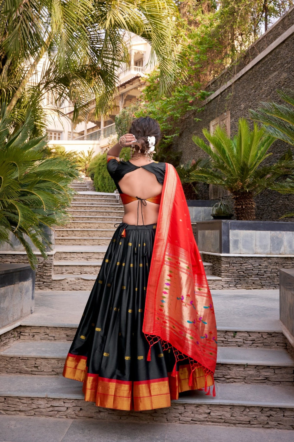 Black Paithani Jacquard Silk Lehenga Set with Zari Weaving Work