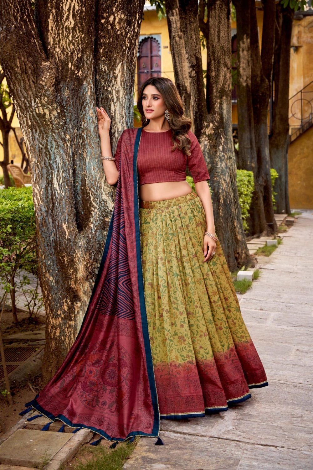 Copper Heritage Inspired Vichitra Silk Printed Luxury Lehenga Set With Elegant Flare