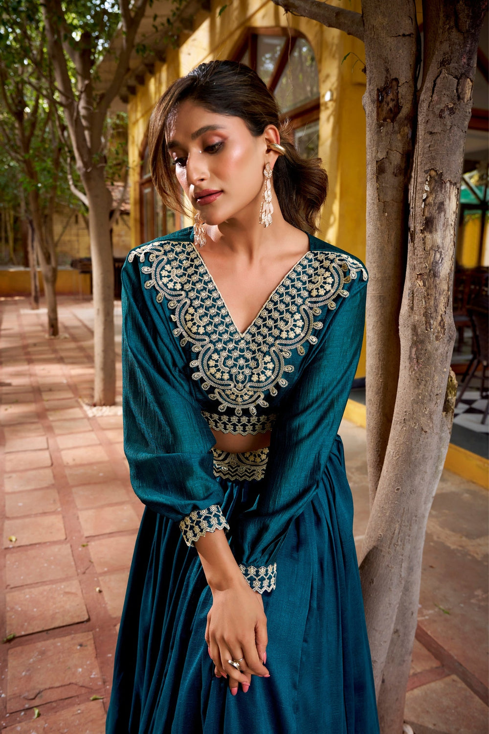 Pearl Blue Designer Vichitra Silk Thread Embroidered Lehenga Co Ord Set