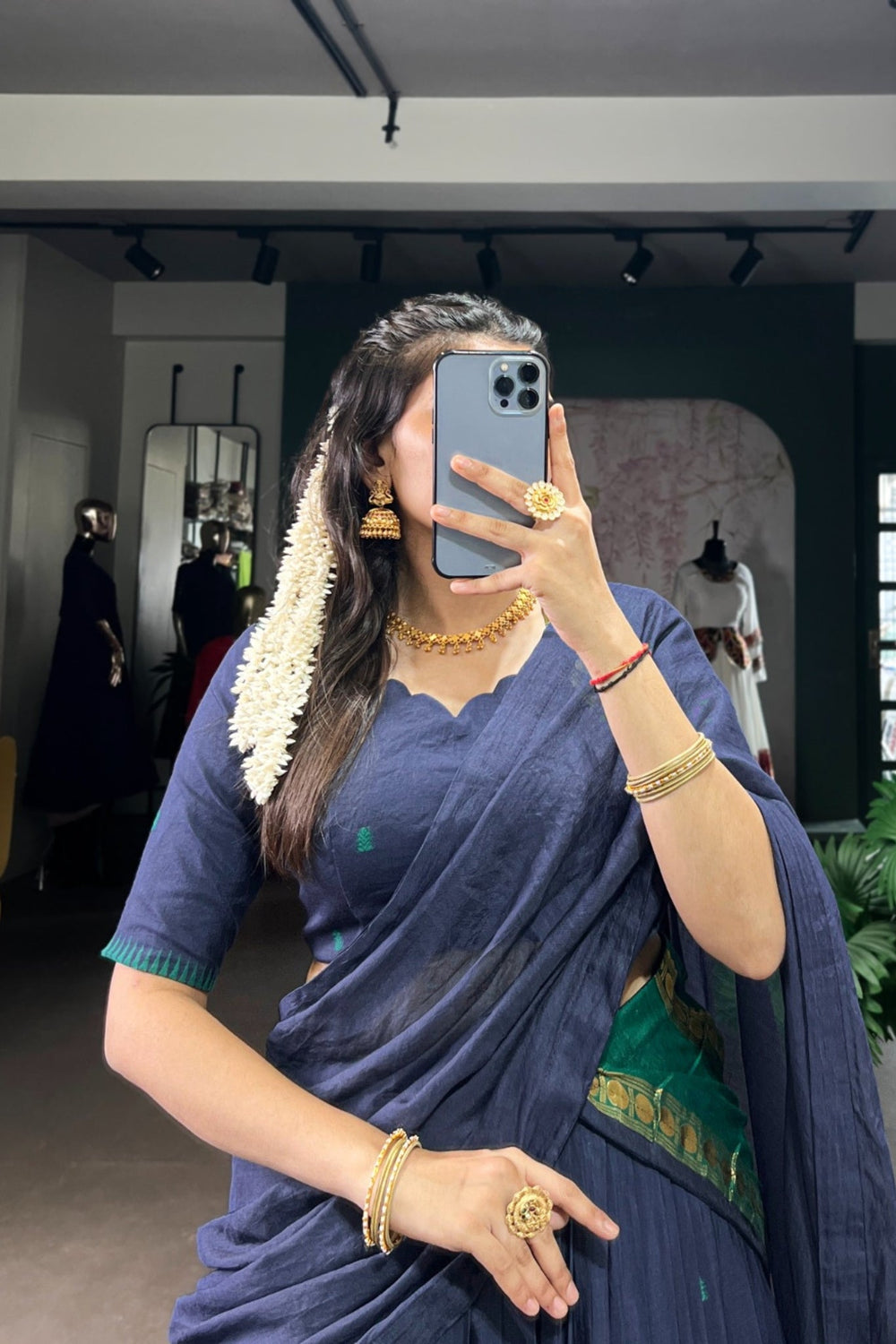 Navy Blue Pure Chanderi Zari Weaving Work South Indian Lehenga Choli