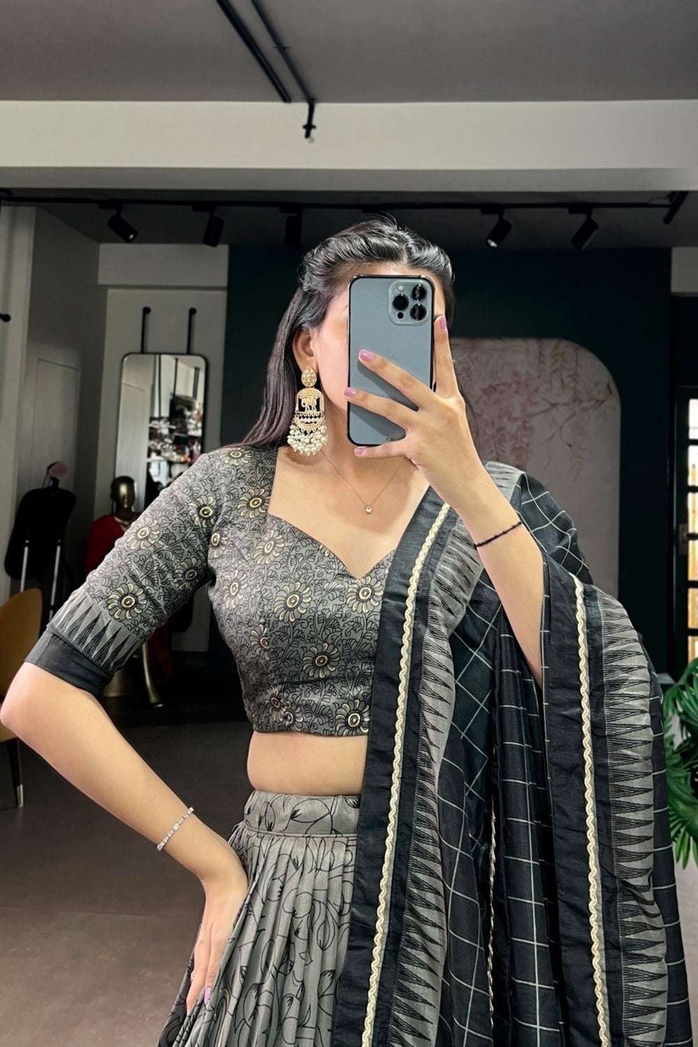 Grey Festive Kalamkari Printed Tasar Silk Lehenga Choli With Dupatta