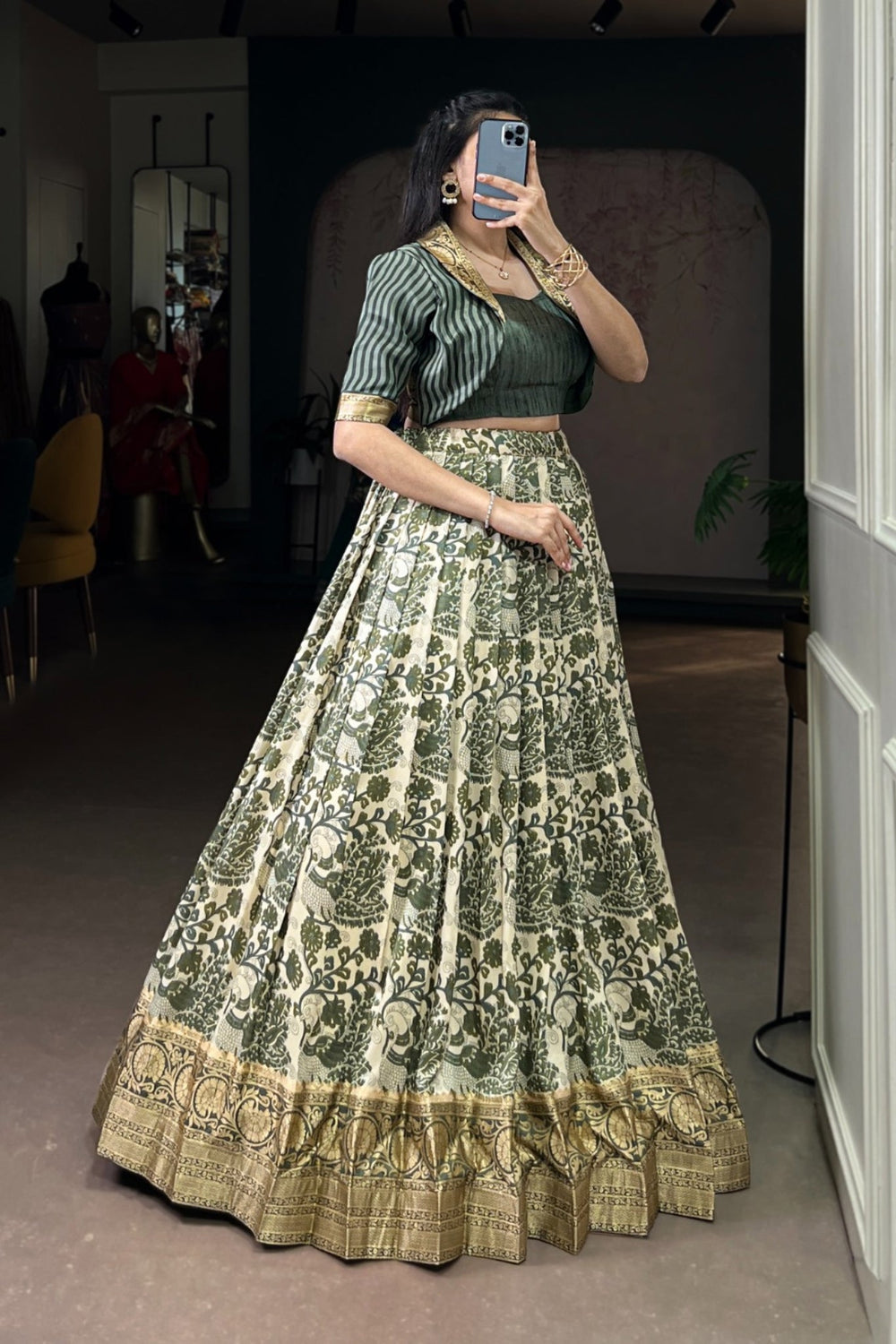 Mehndi Handcrafted Tasar Silk Printed With Viscose Border Lehenga Choli