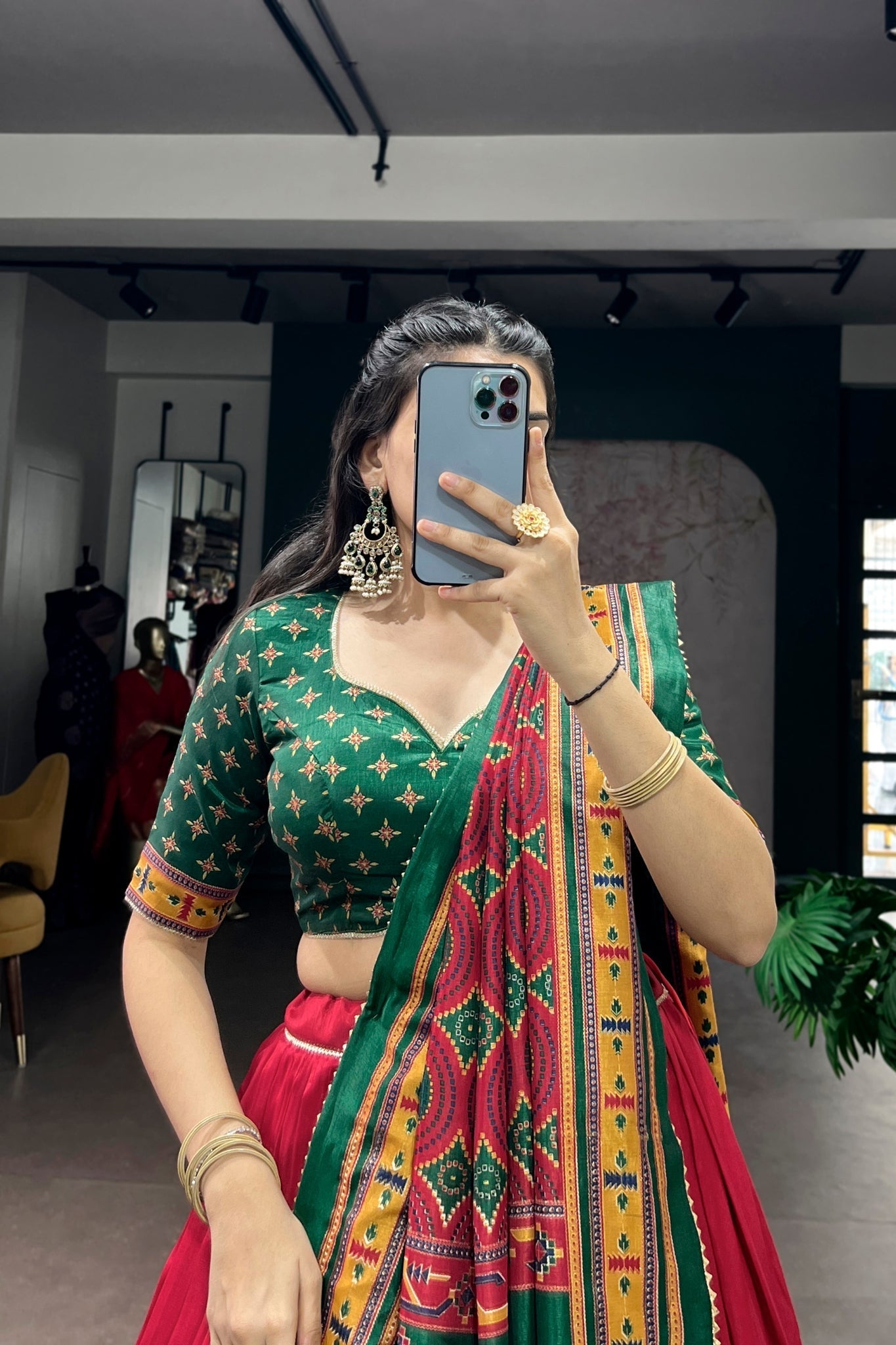 Red Printed Tasar Silk Festive Lehenga Choli for Women