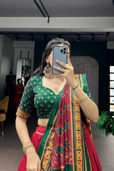 Red Printed Tasar Silk Festive Lehenga Choli for Women