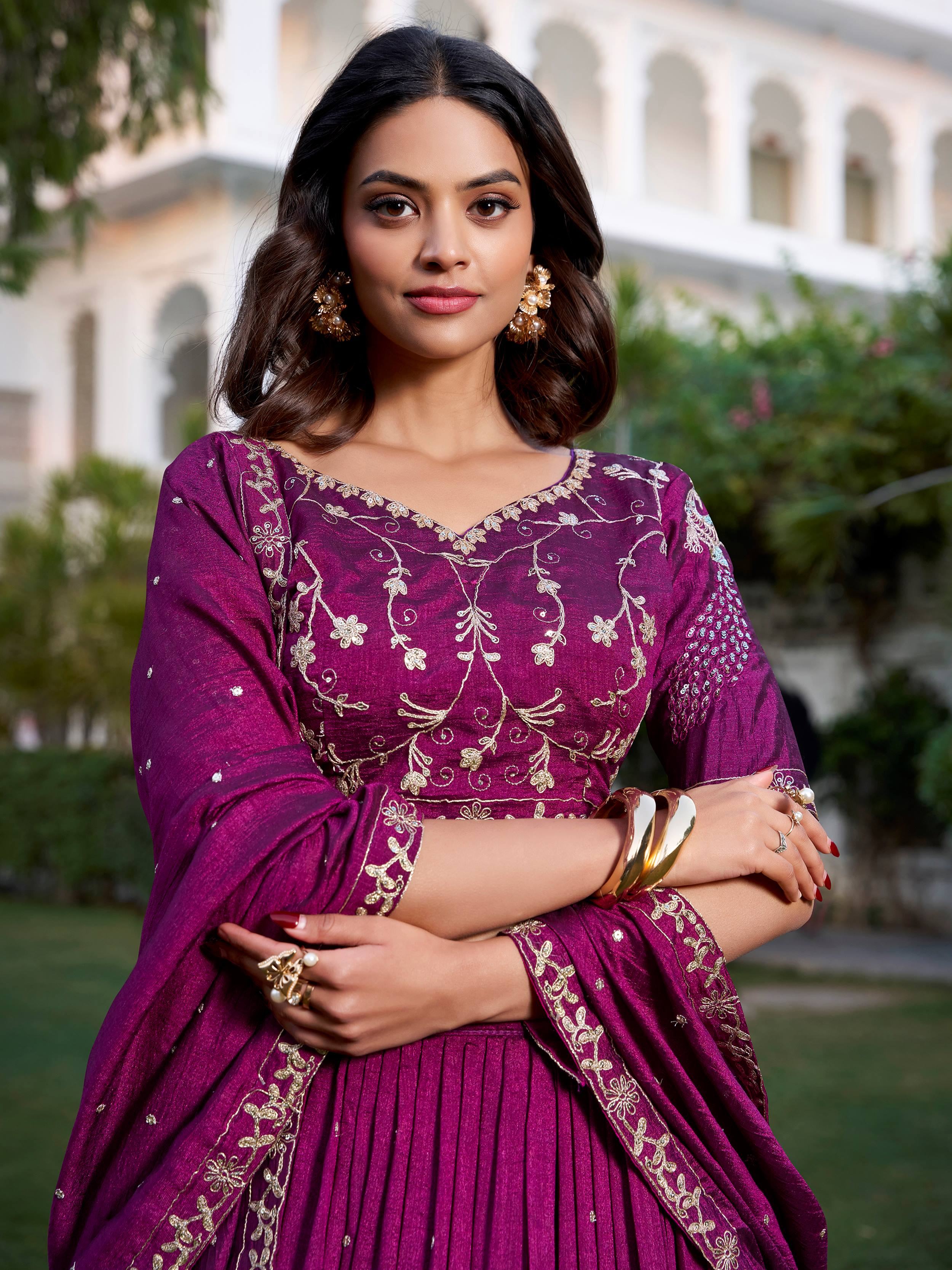 Wine Silk Sequins Embroidered Lehenga Choli With Dupatta