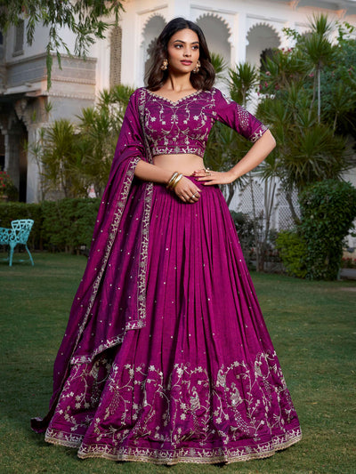 Wine Silk Sequins Embroidered Lehenga Choli With Dupatta
