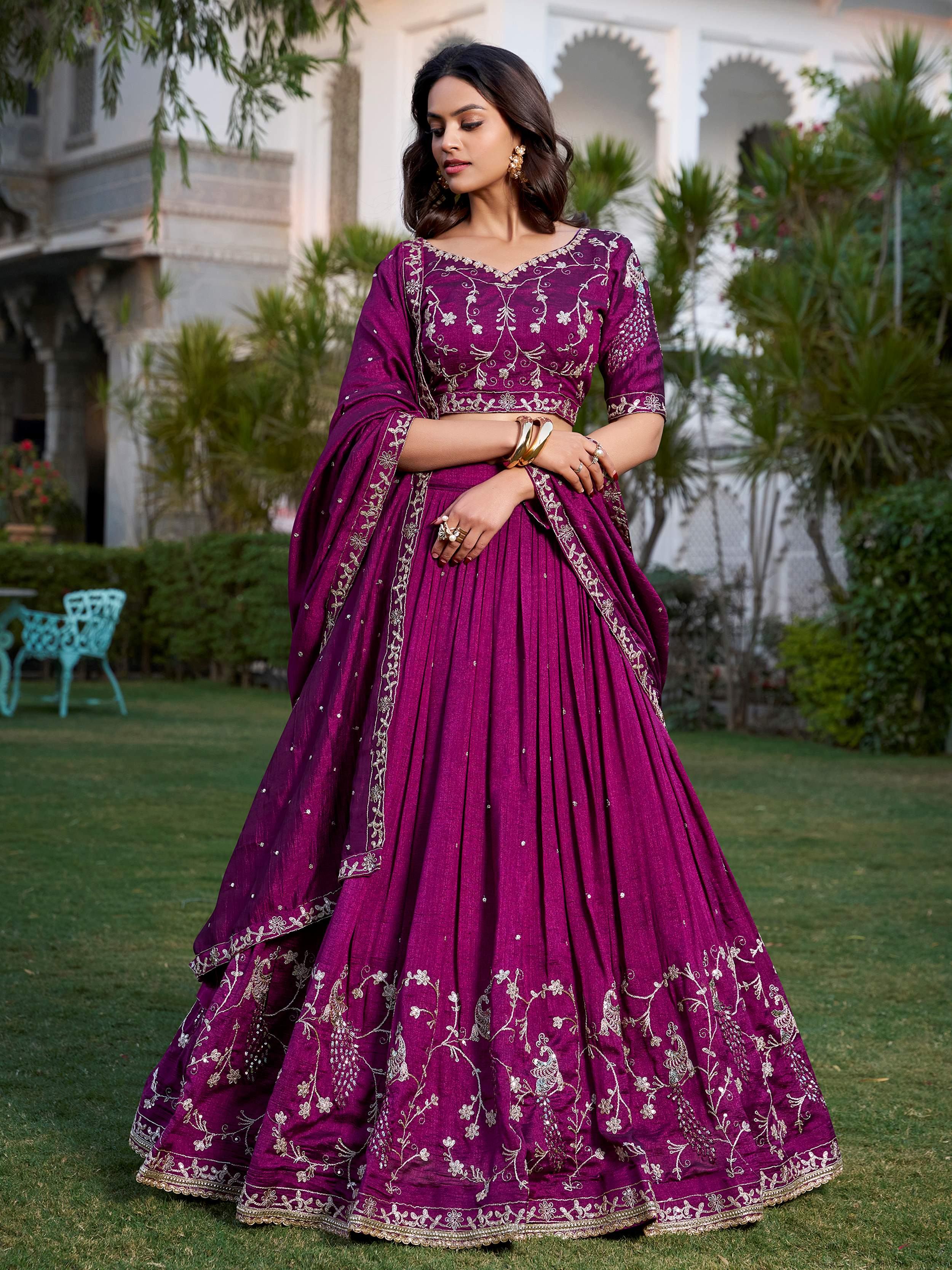 Wine Silk Sequins Embroidered Lehenga Choli With Dupatta