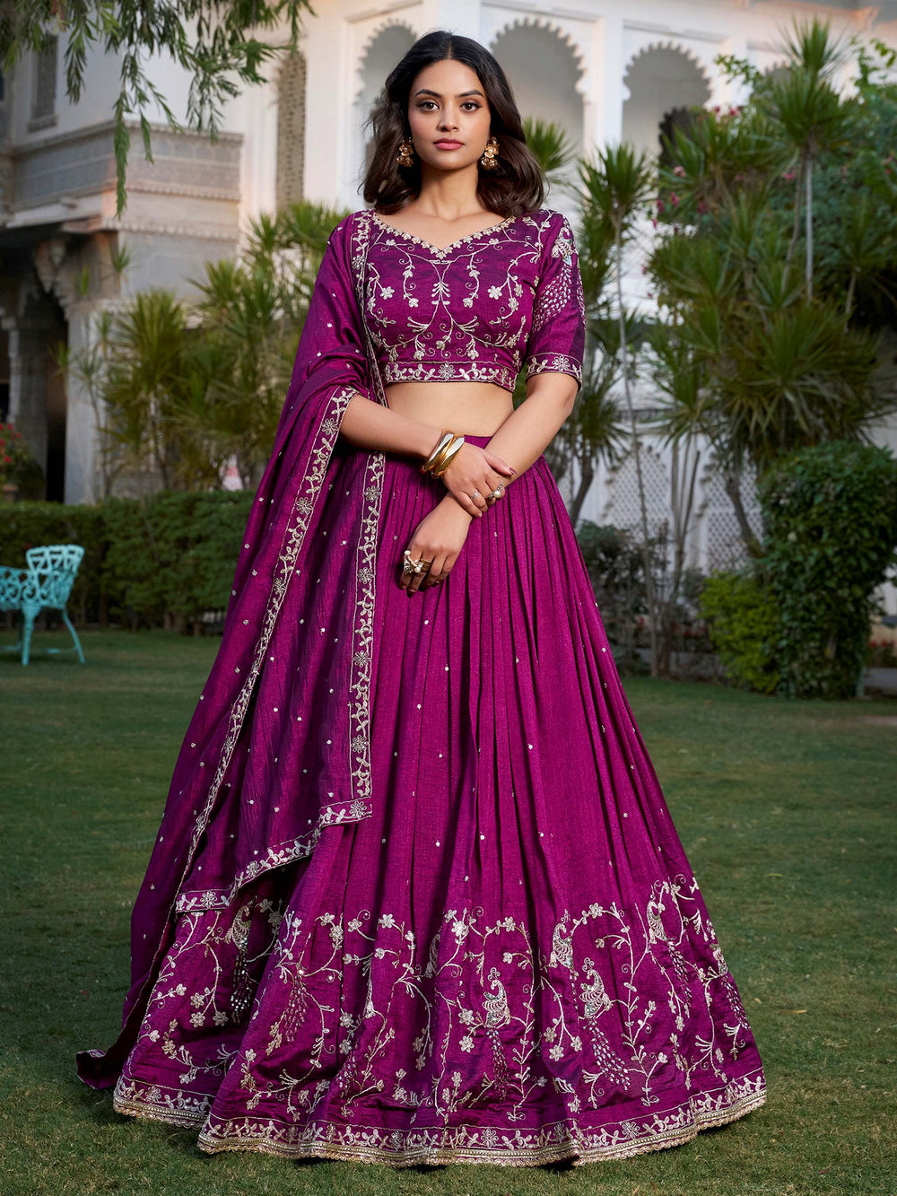 Wine Silk Sequins Embroidered Lehenga Choli With Dupatta